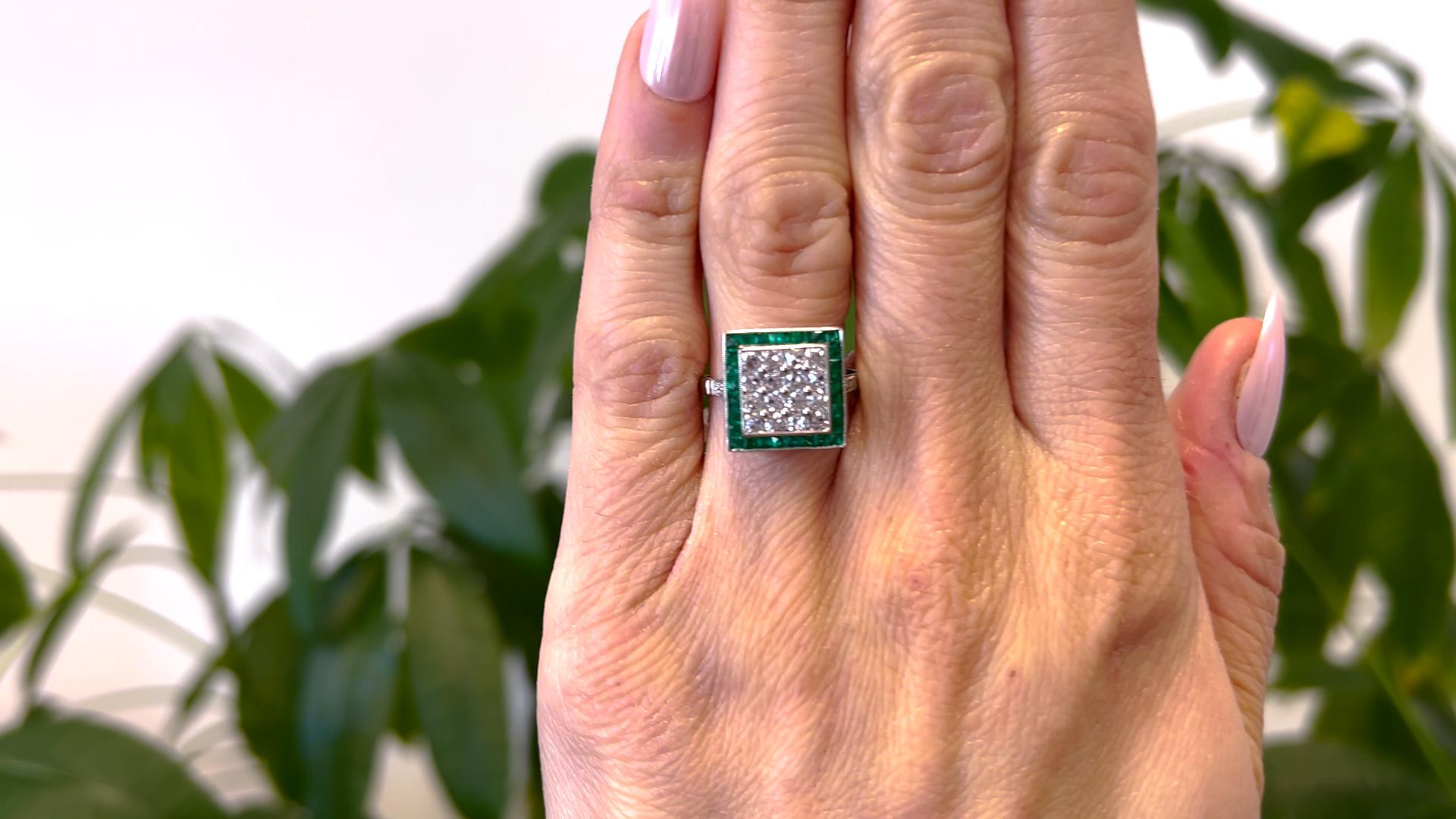 Old Mine Cut Art Deco Inspired Diamond and Emerald Platinum Square Ring For Sale