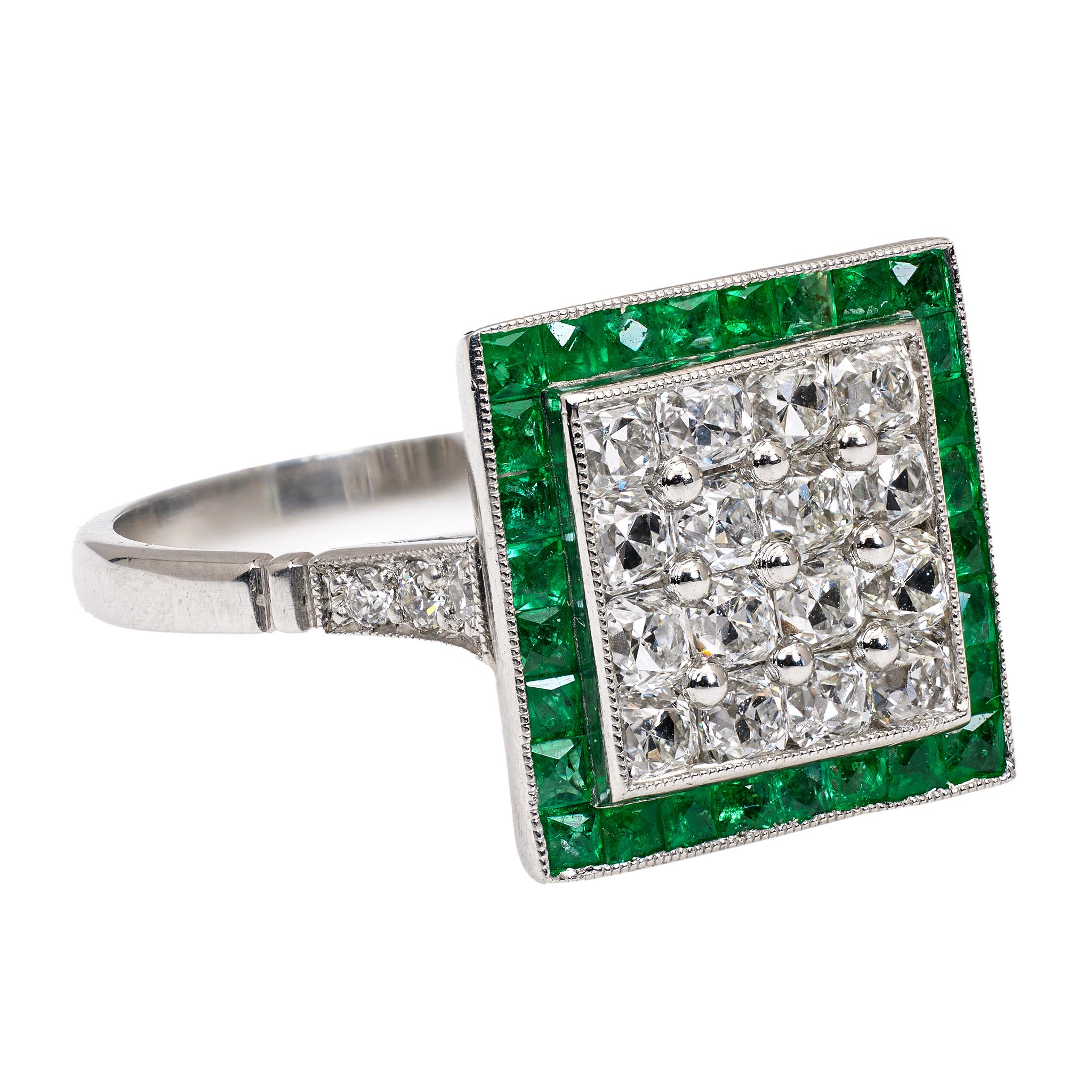 Women's or Men's Art Deco Inspired Diamond and Emerald Platinum Square Ring For Sale