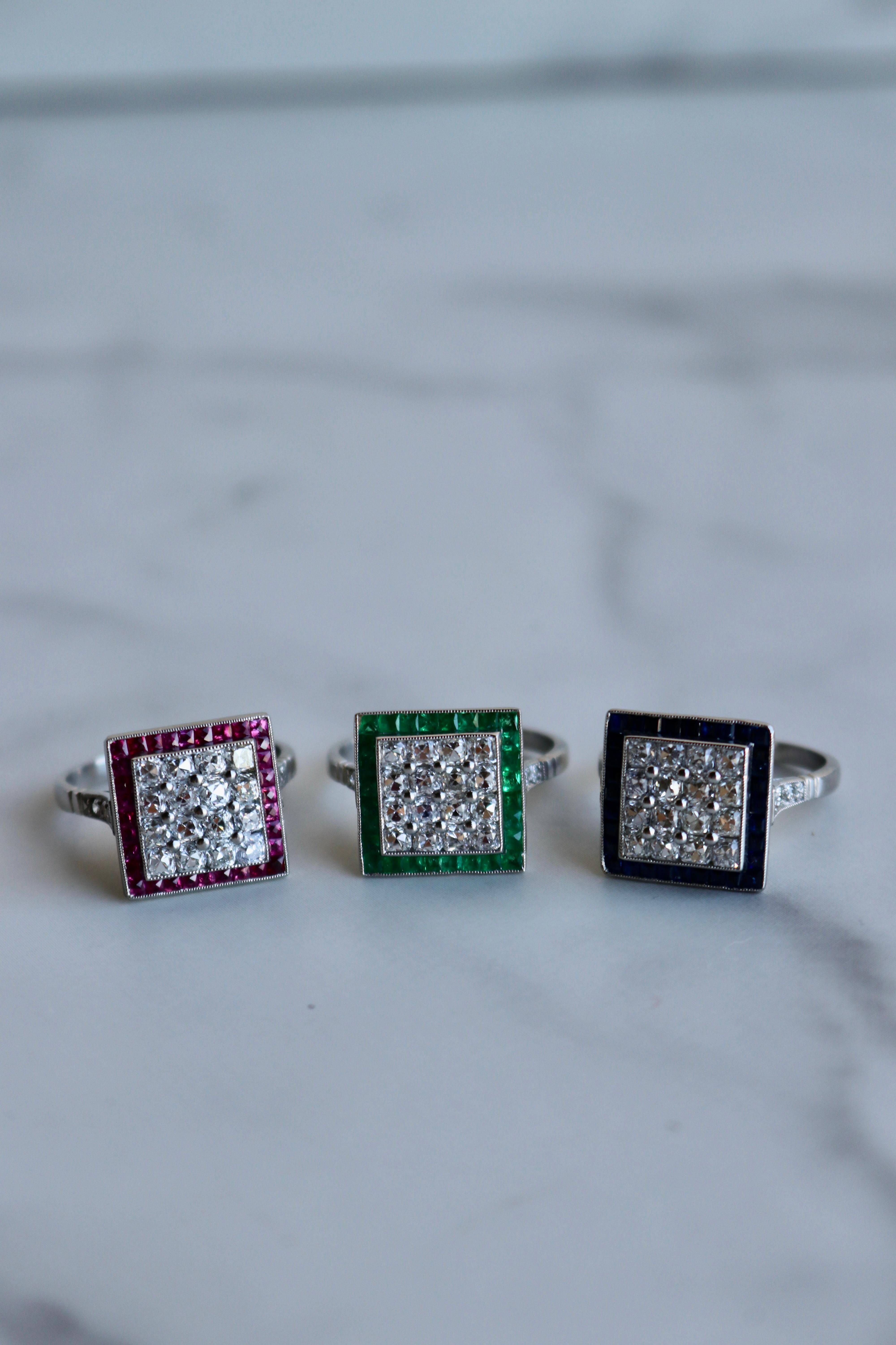 Art Deco Inspired Diamond and Emerald Platinum Square Ring For Sale 1