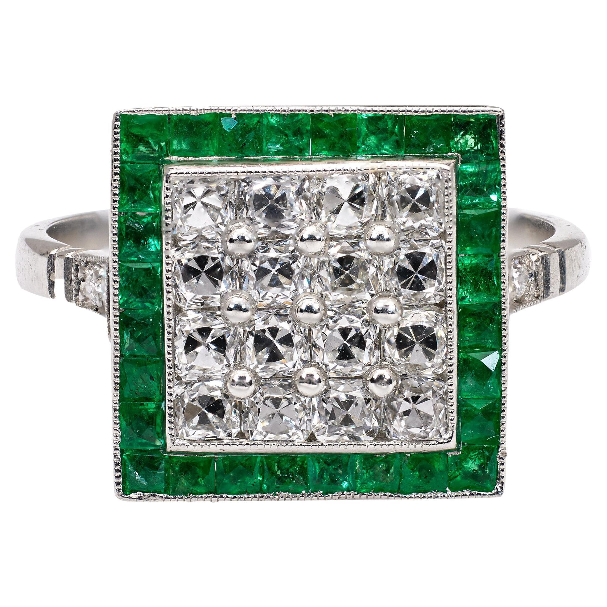 Art Deco Inspired Diamond and Emerald Platinum Square Ring For Sale