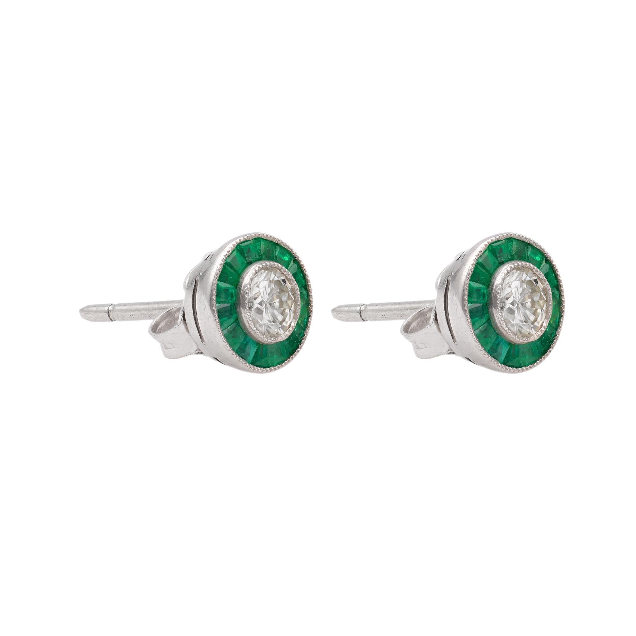 Women's or Men's Art Deco Inspired Diamond and Emerald Platinum Target Stud Earrings For Sale
