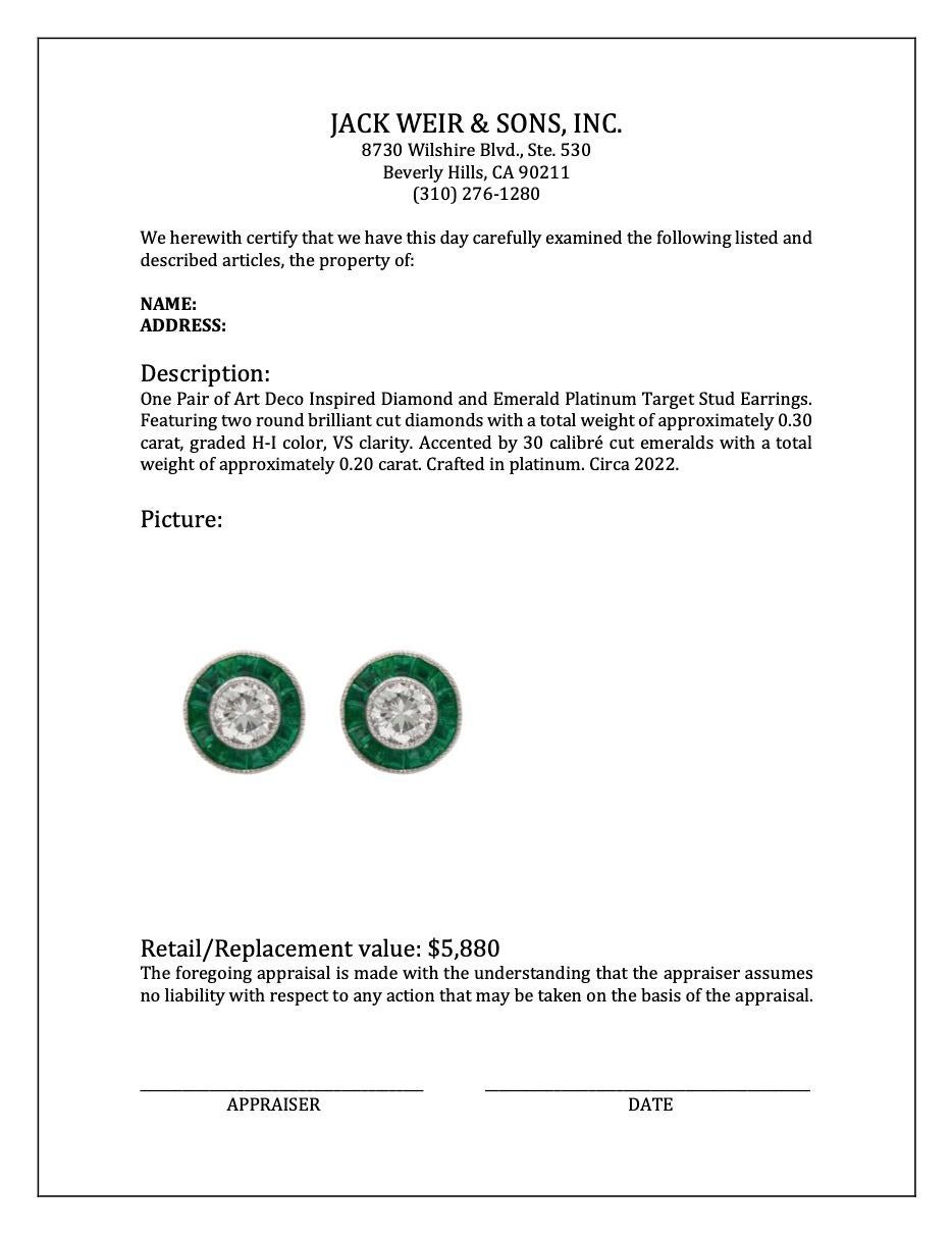 Art Deco Inspired Diamond and Emerald Platinum Target Stud Earrings For Sale 1