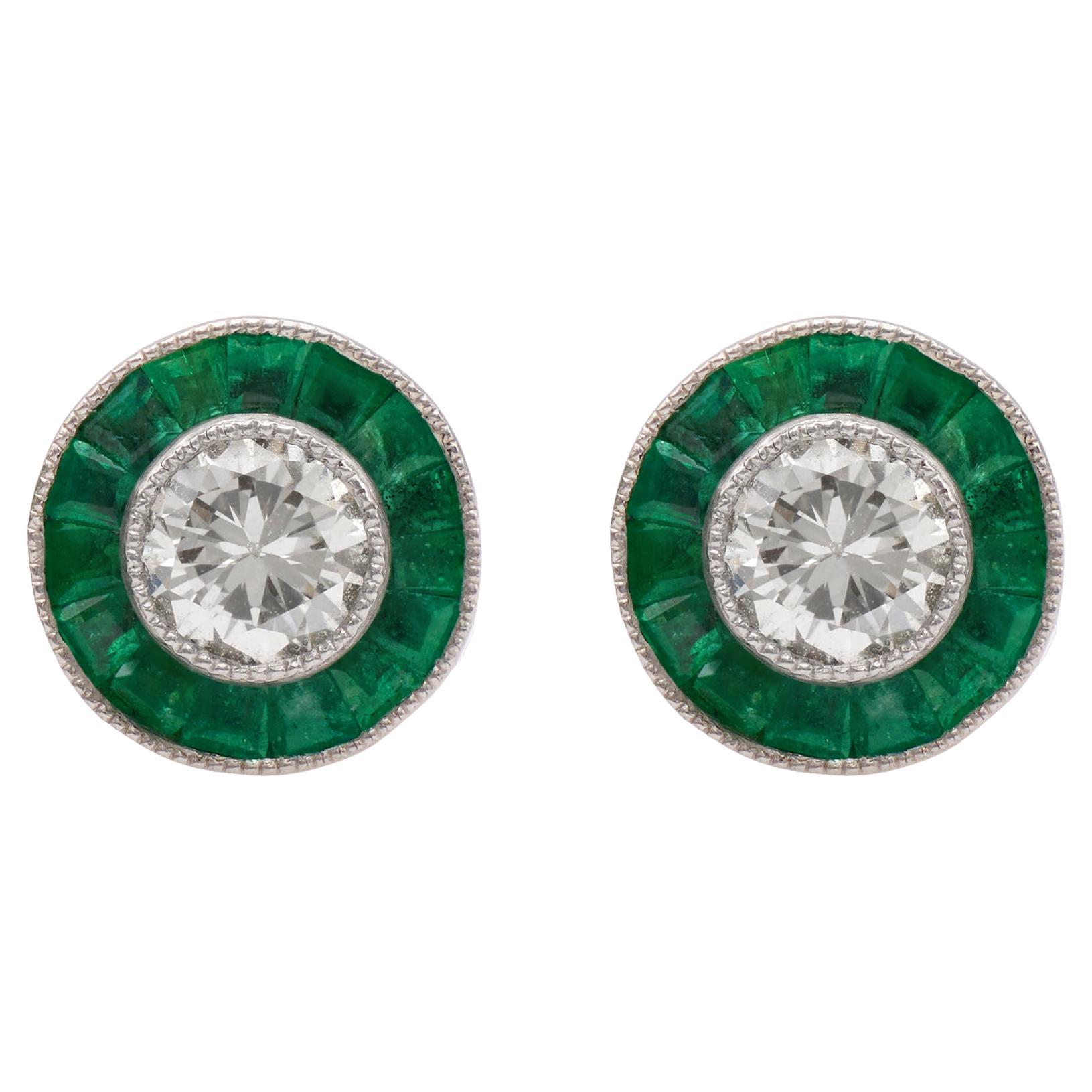 Art Deco Inspired Diamond and Emerald Platinum Target Stud Earrings For Sale