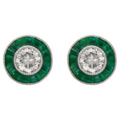 Art Deco Inspired Diamond and Emerald Platinum Target Stud Earrings