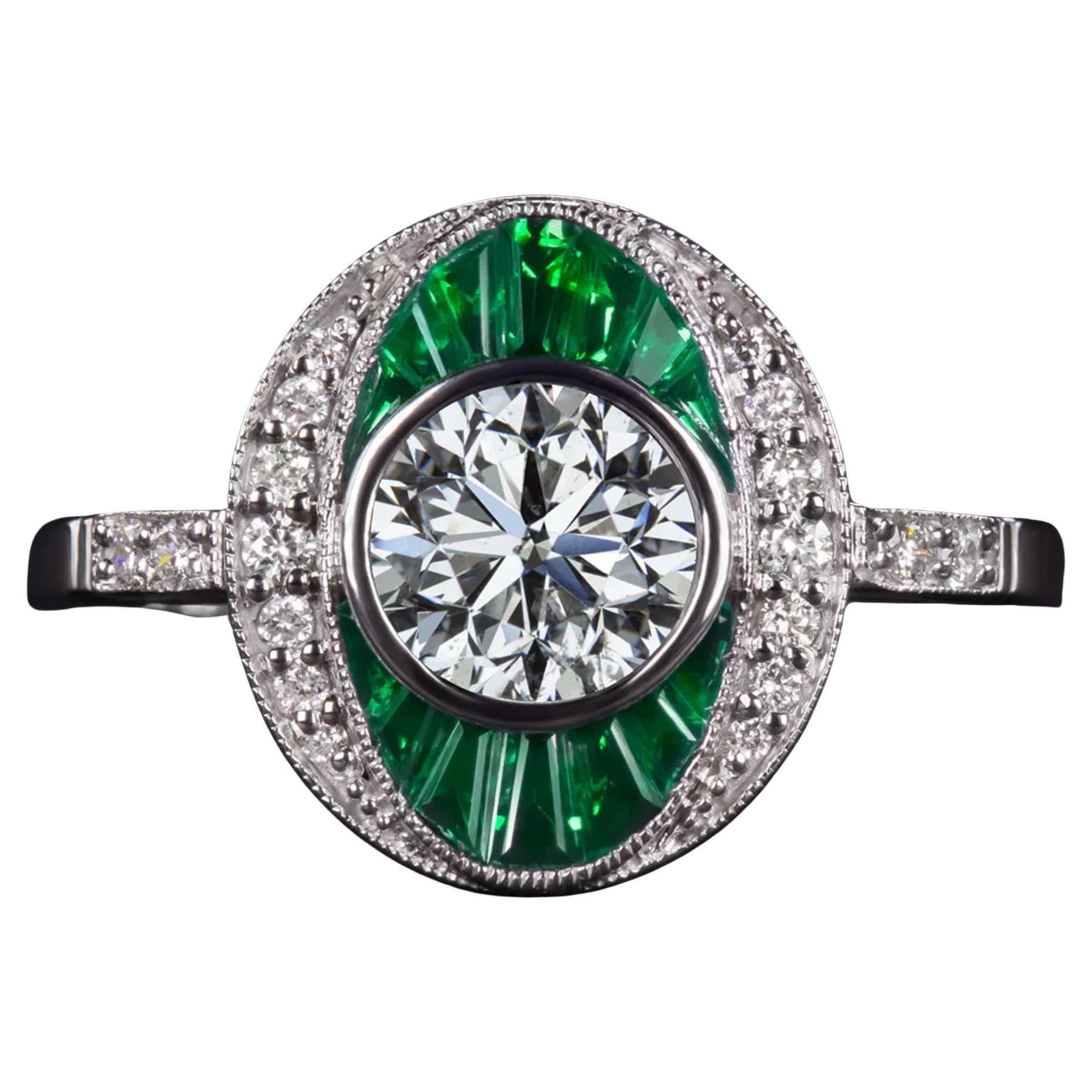 Art Deco-Inspired Diamond and Emerald Ring For Sale