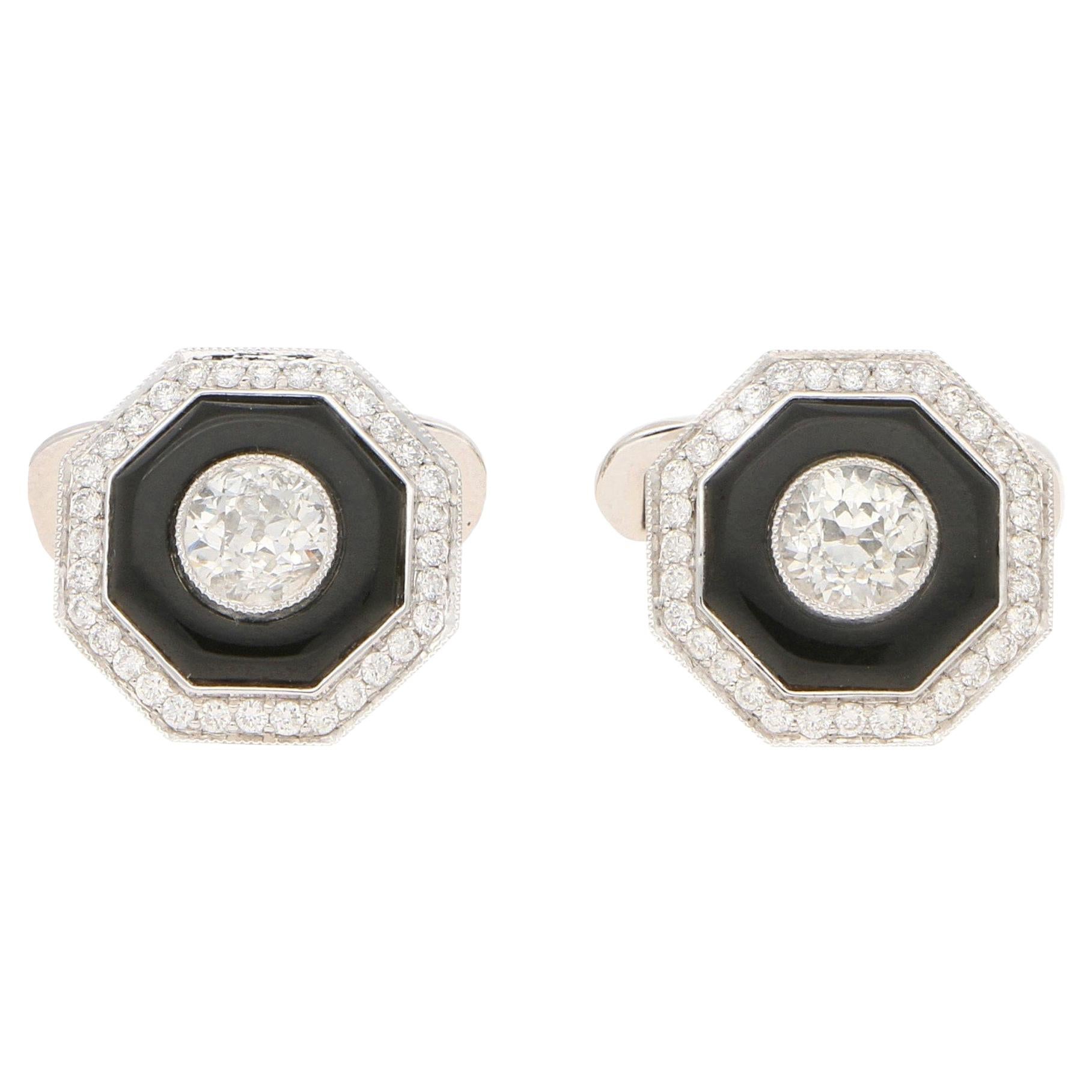 Art Deco Inspired Diamond and Onyx Target Cufflinks Set in Platinum