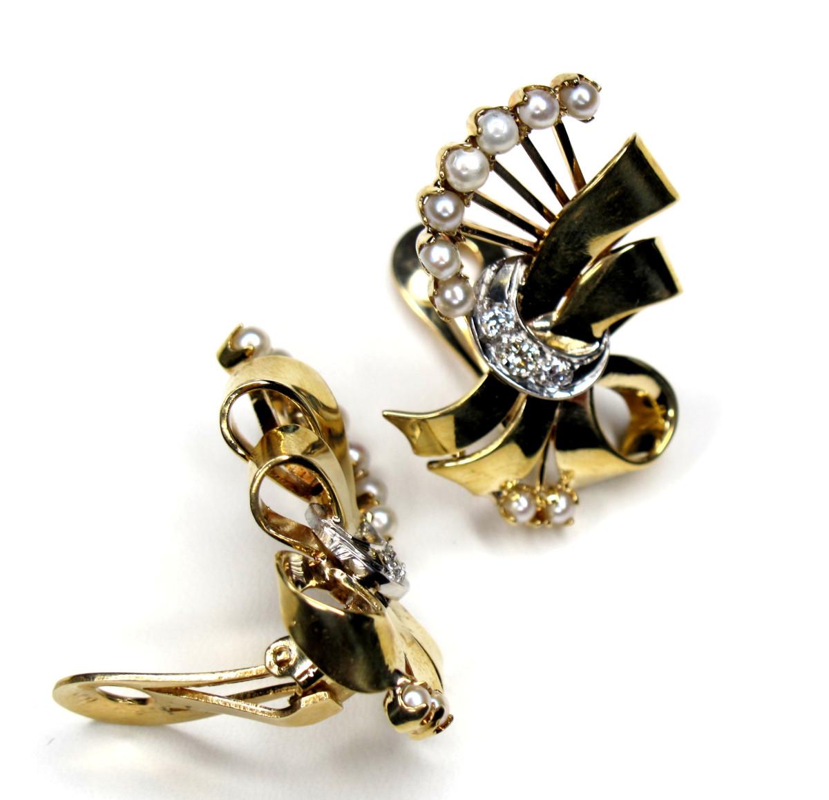 Artisan Art Deco Inspired Diamond and Pearl, Yellow Gold Clip Earrings