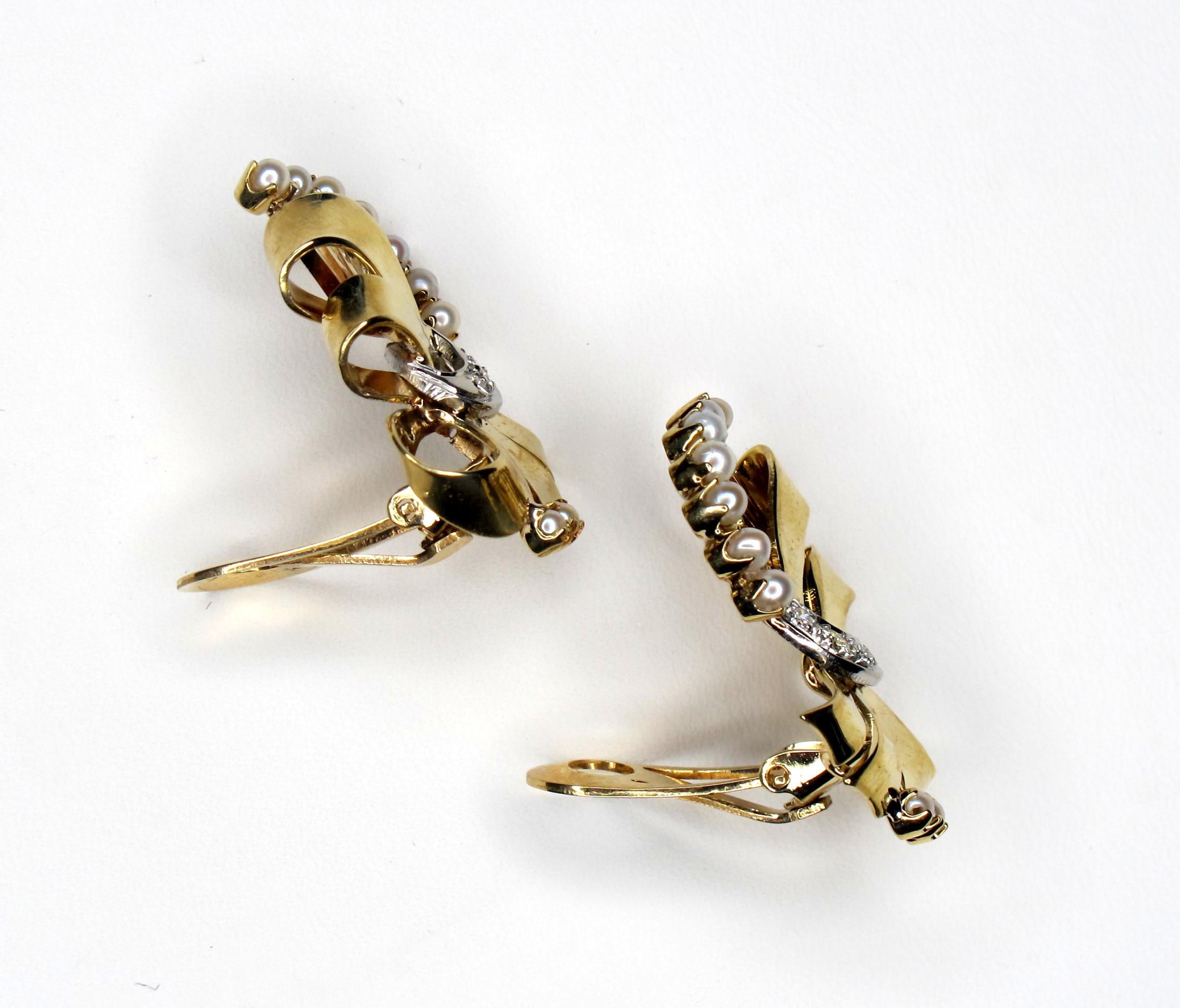 Art Deco Inspired Diamond and Pearl, Yellow Gold Clip Earrings 1