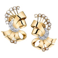 Art Deco Inspired Diamond and Pearl, Yellow Gold Clip Earrings