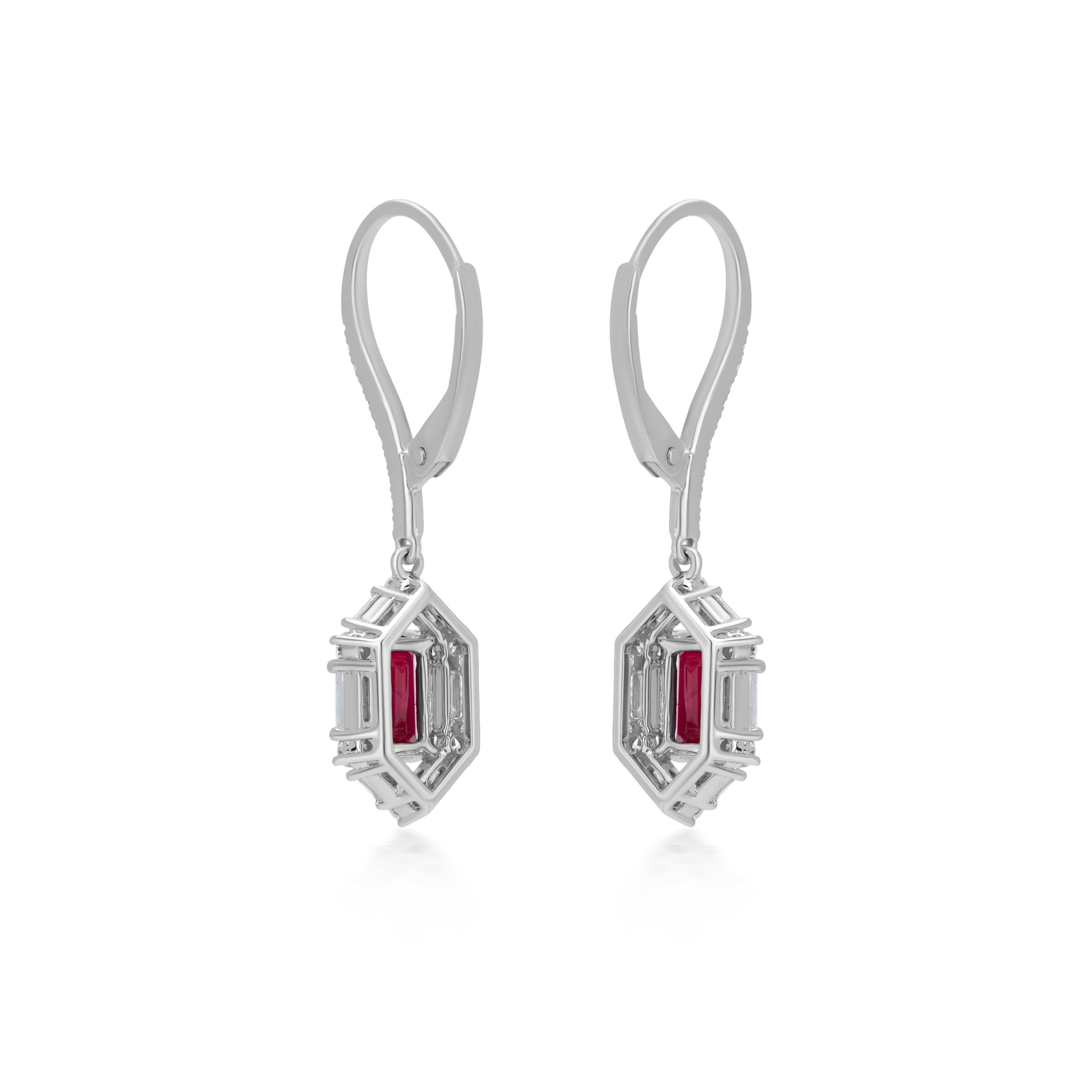 Contemporary Gemistry 2.11 Cttw. Octagon Ruby and Diamond Drop Earrings in 18k White Gold For Sale