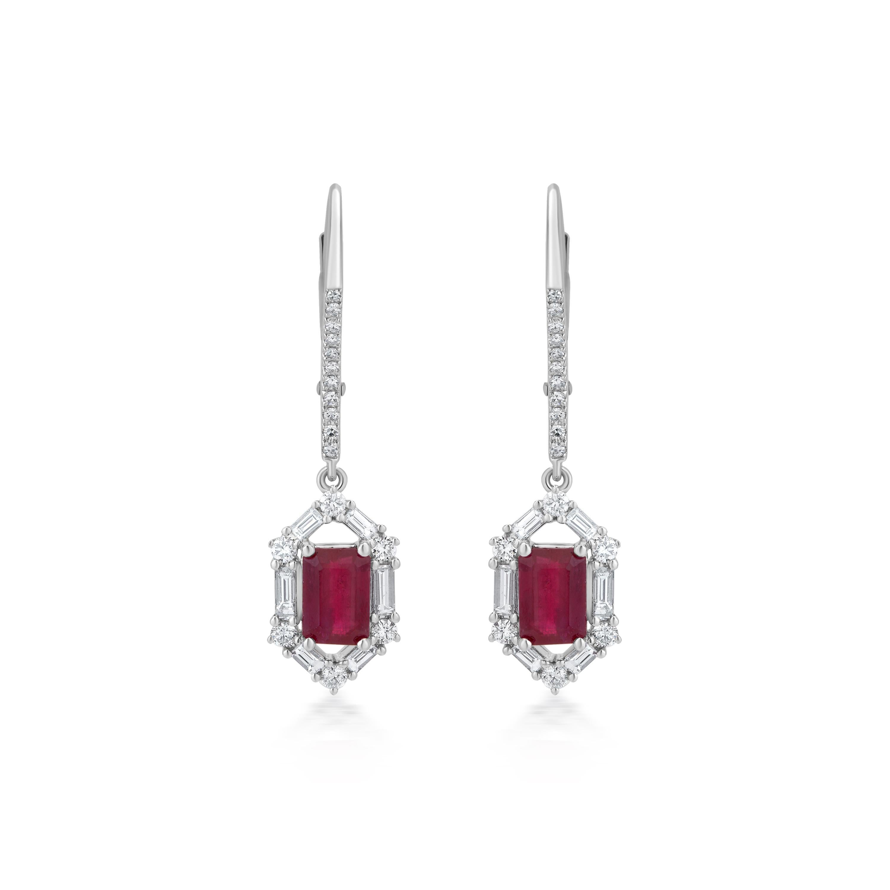 Octagon Cut Gemistry 2.11 Cttw. Octagon Ruby and Diamond Drop Earrings in 18k White Gold For Sale