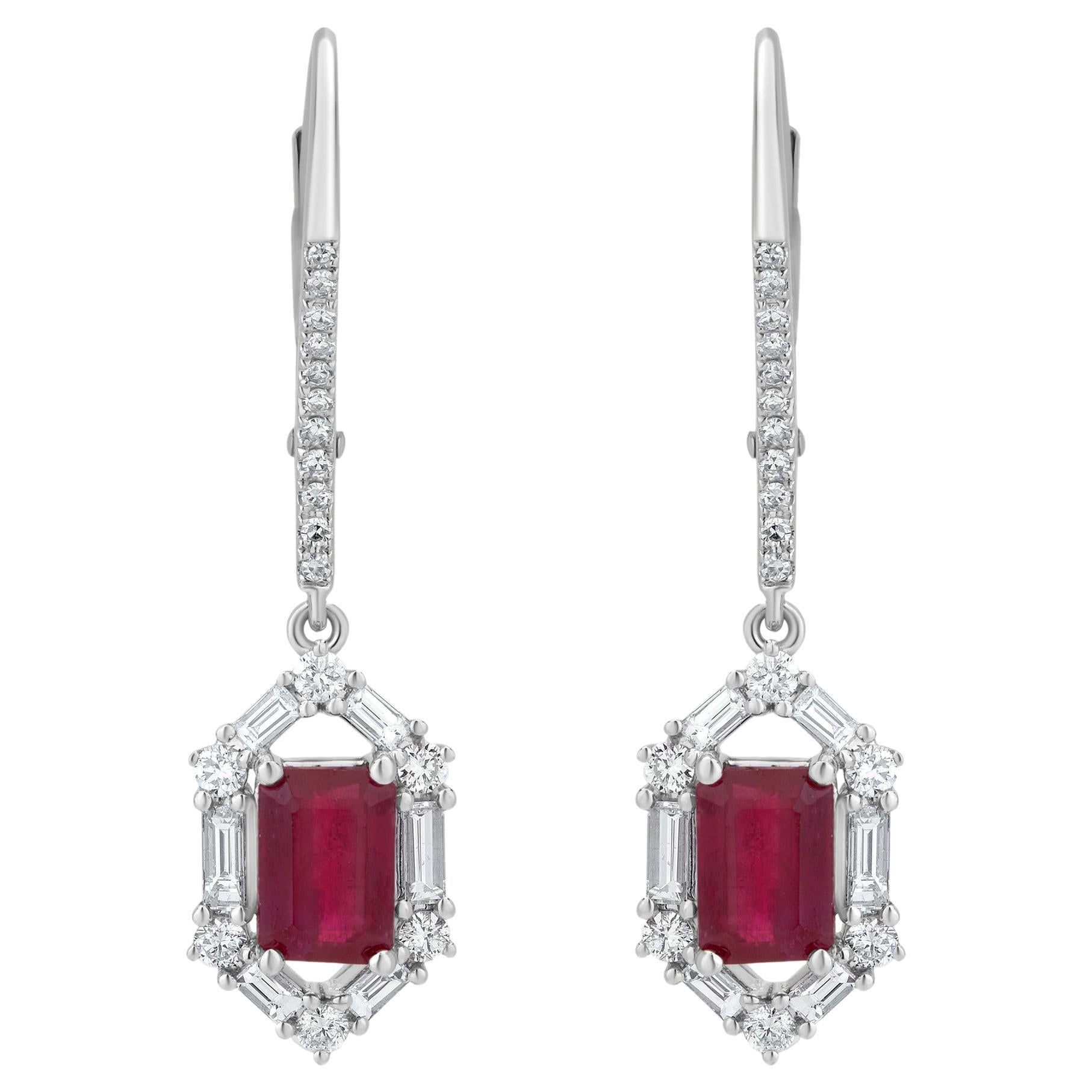 Gemistry 2.11 Cttw. Octagon Ruby and Diamond Drop Earrings in 18k White Gold