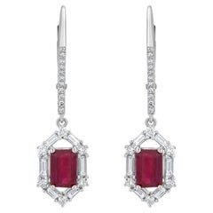 Art Deco Inspired Diamond and Ruby Drop Earrings in 18k White Gold