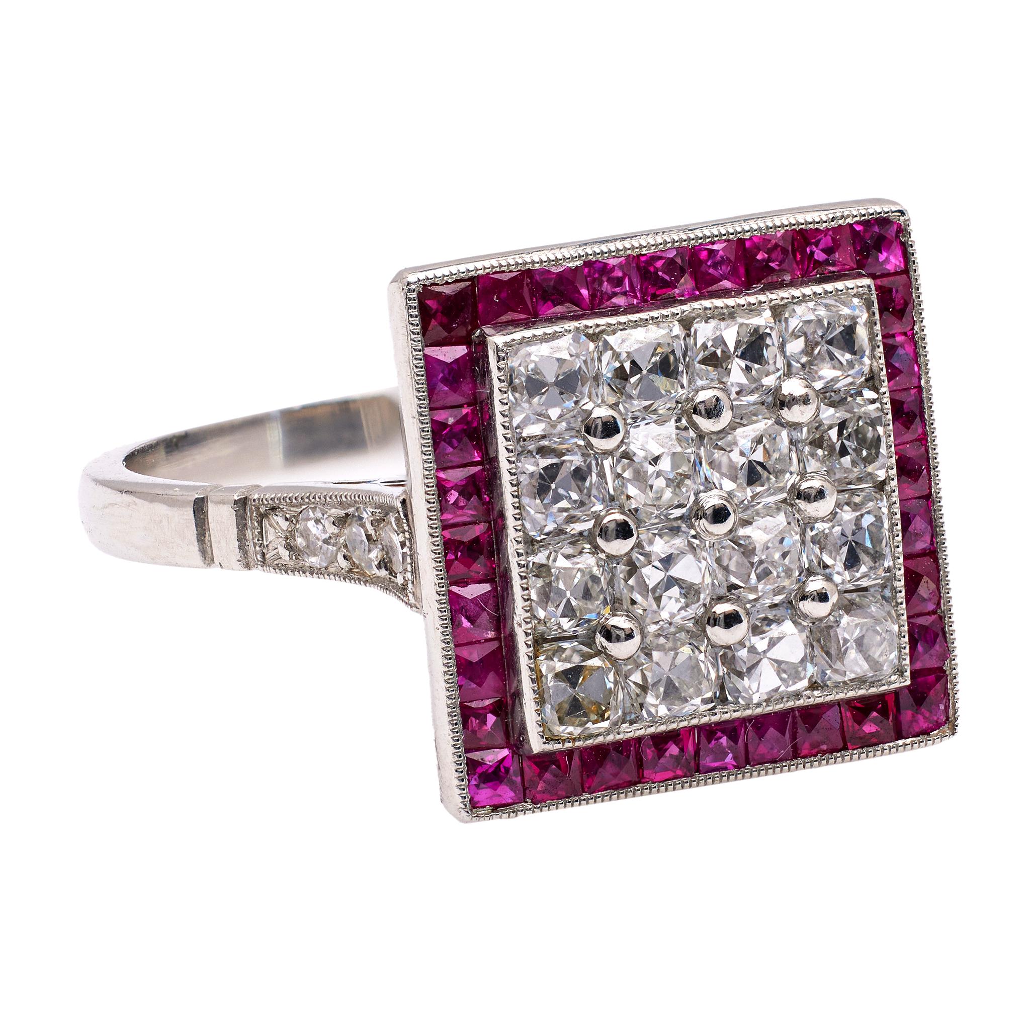 Women's or Men's Art Deco Inspired Diamond and Ruby Platinum Square Ring For Sale