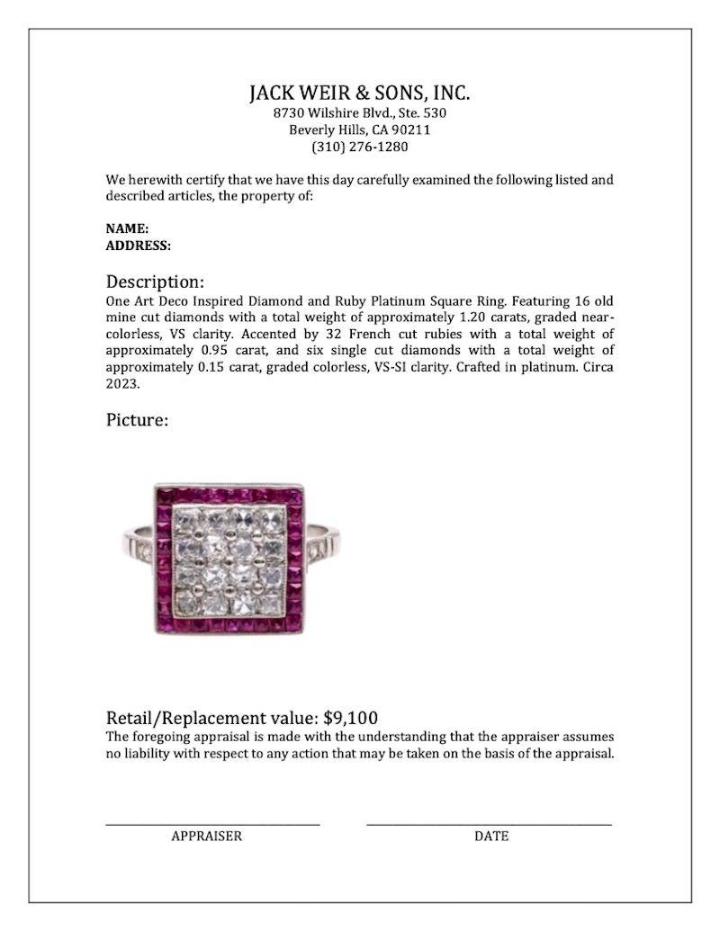 Art Deco Inspired Diamond and Ruby Platinum Square Ring For Sale 2