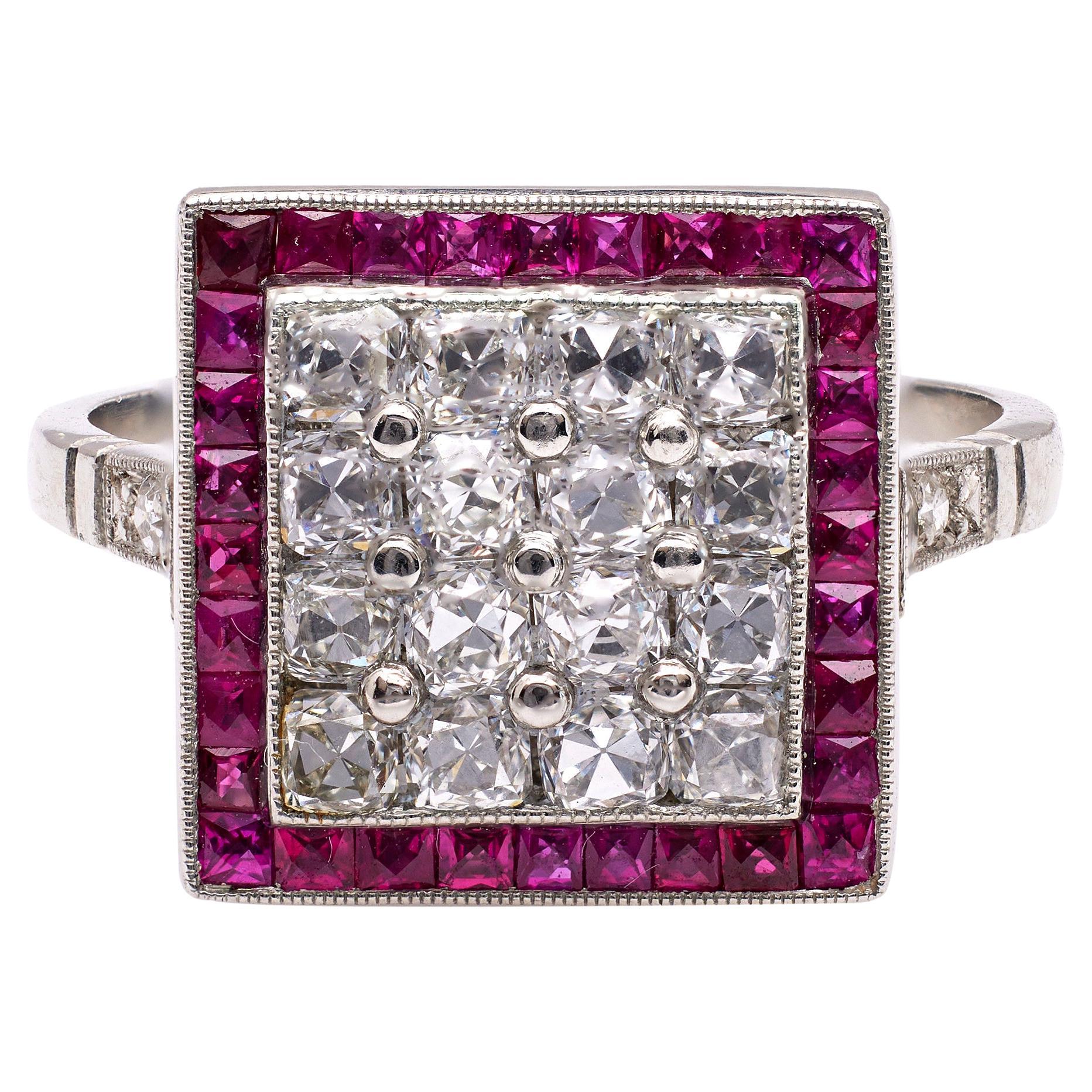 Art Deco Inspired Diamond and Ruby Platinum Square Ring For Sale