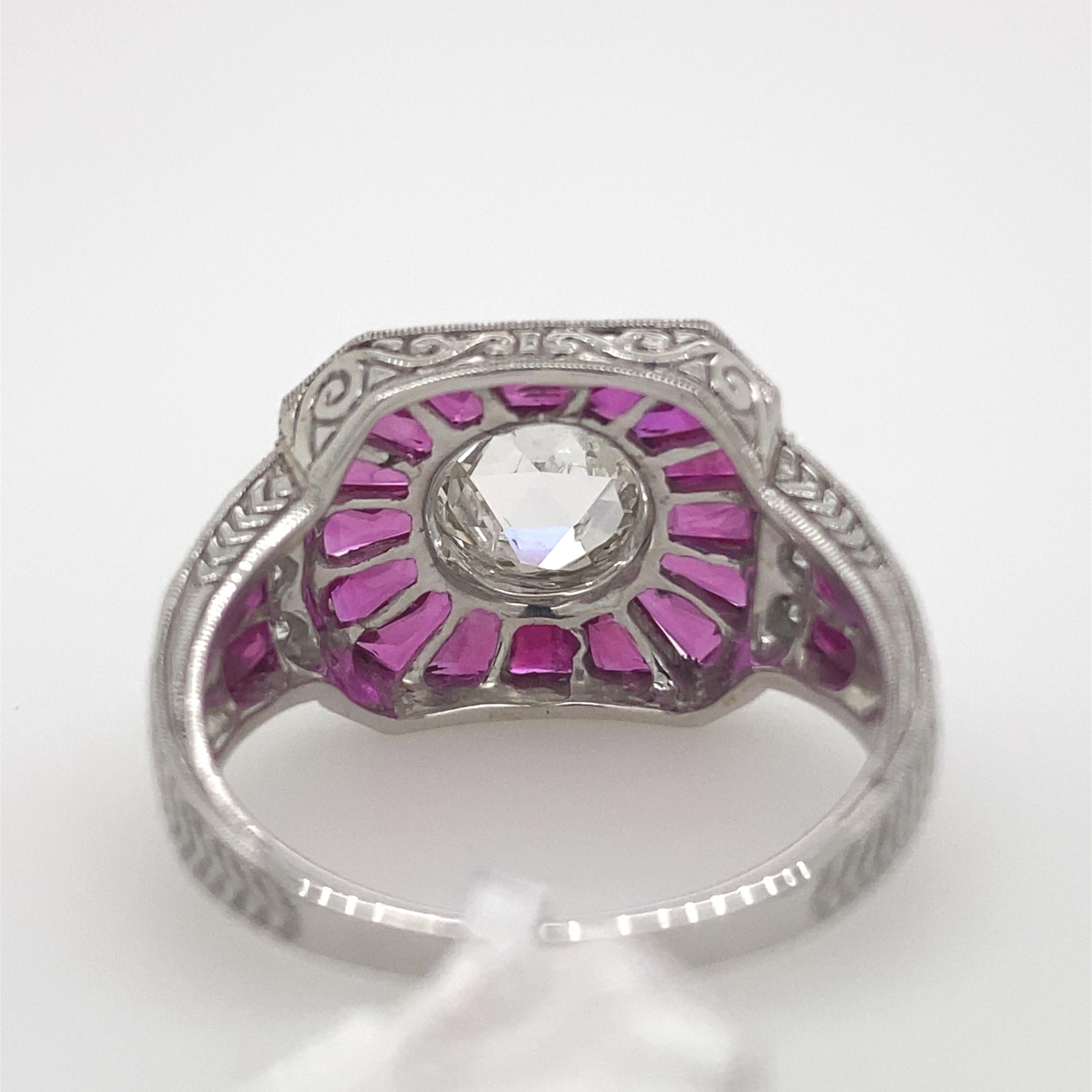 Women's Art Deco Inspired Diamond and Ruby Ring 18 Karat White Gold For Sale