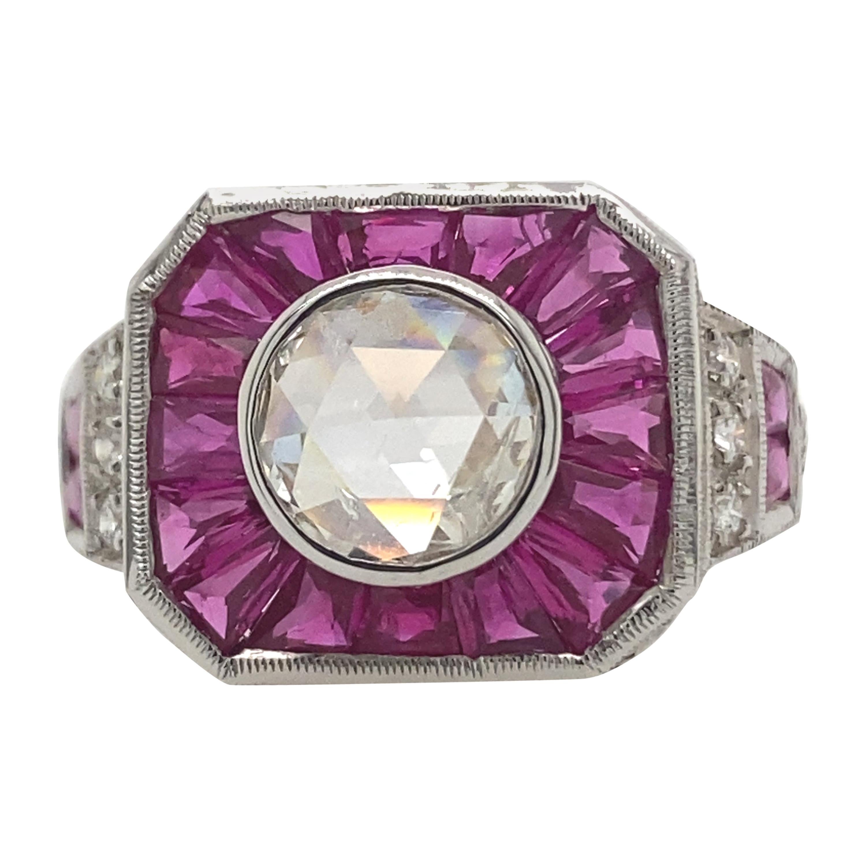 Art Deco Inspired Diamond and Ruby Ring 18 Karat White Gold For Sale