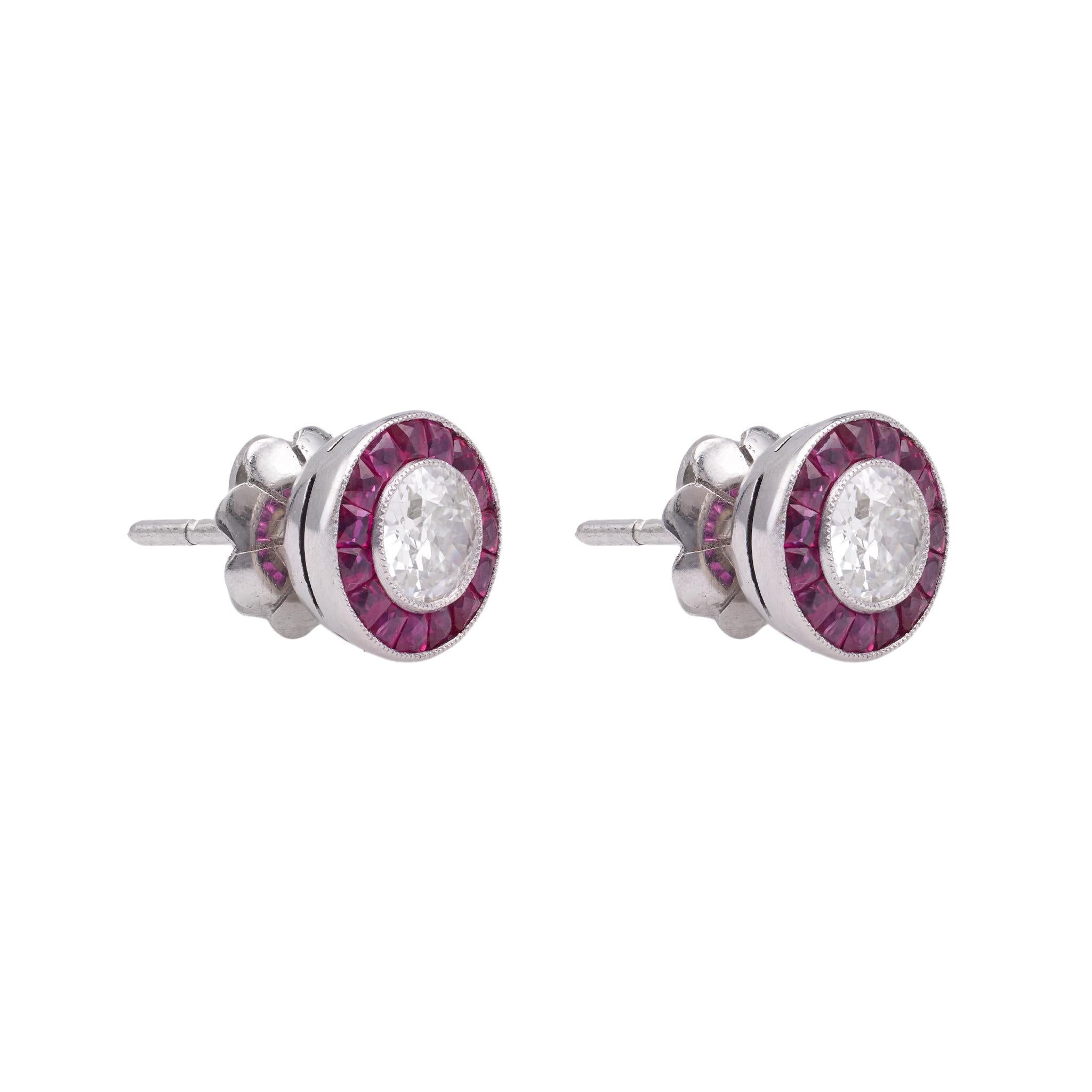 Women's or Men's Art Deco Inspired Diamond and Ruby Target Stud Earrings For Sale