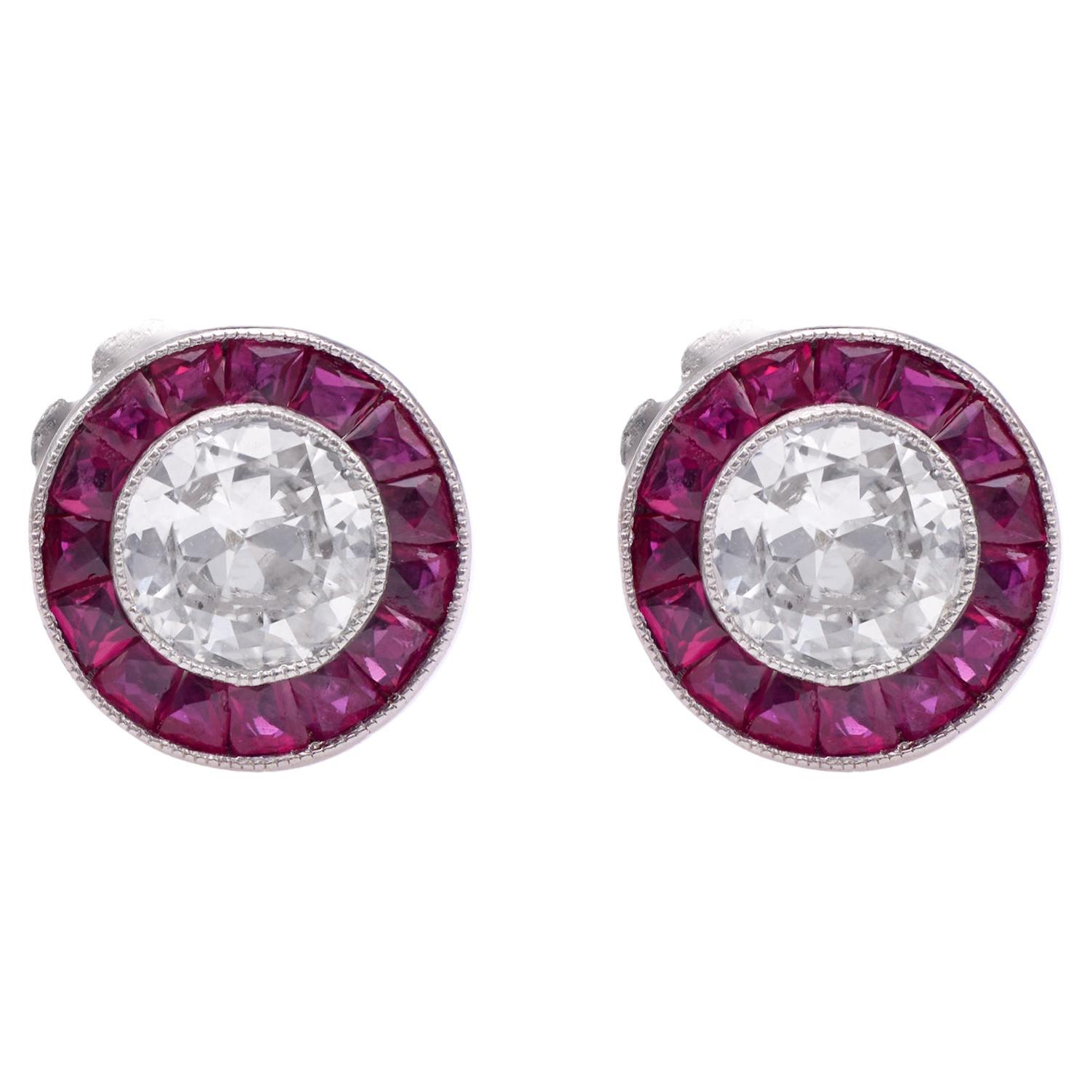 Art Deco Inspired Diamond and Ruby Target Stud Earrings For Sale