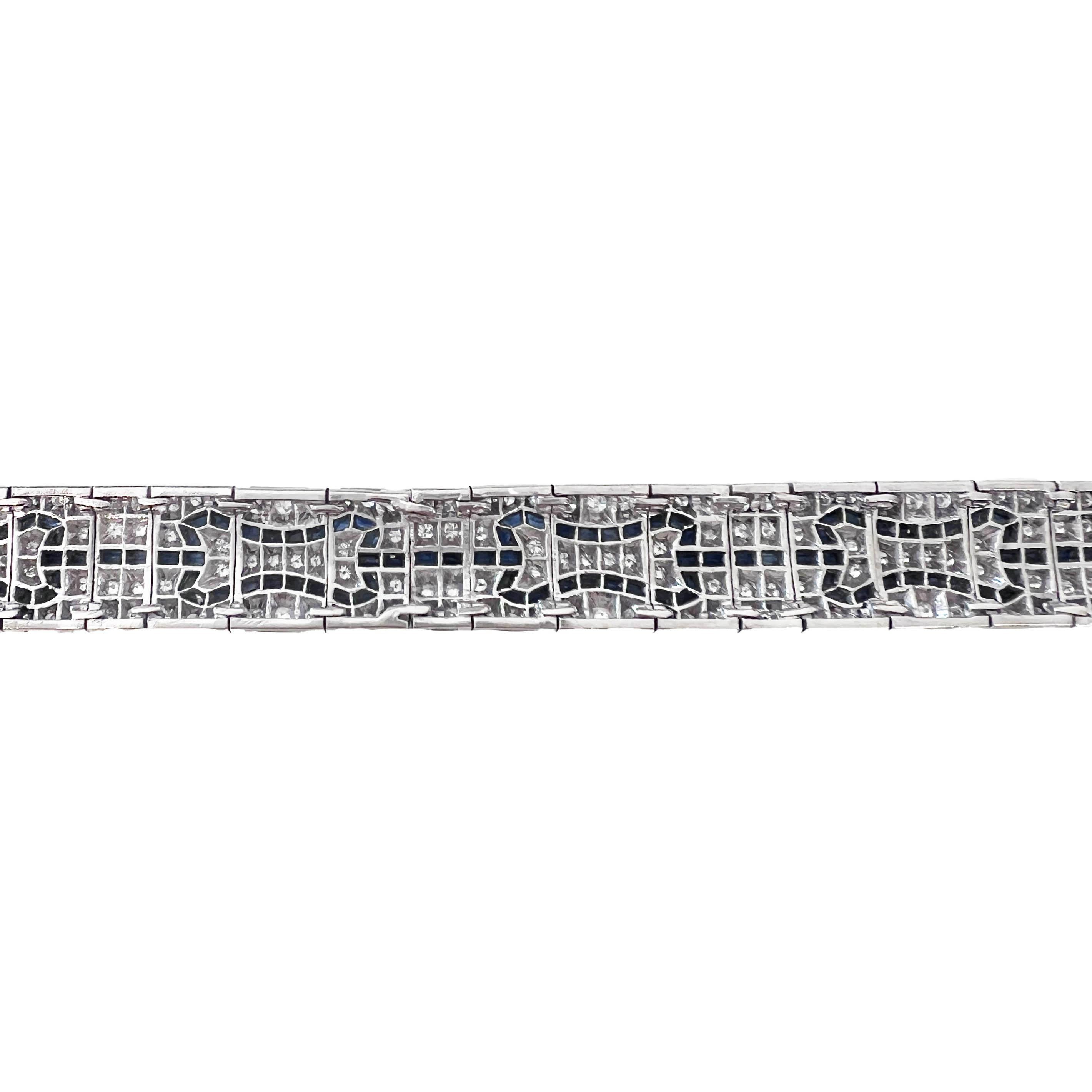 Round Cut Art Deco-Inspired Diamond and Sapphire Link Tennis Bracelet For Sale