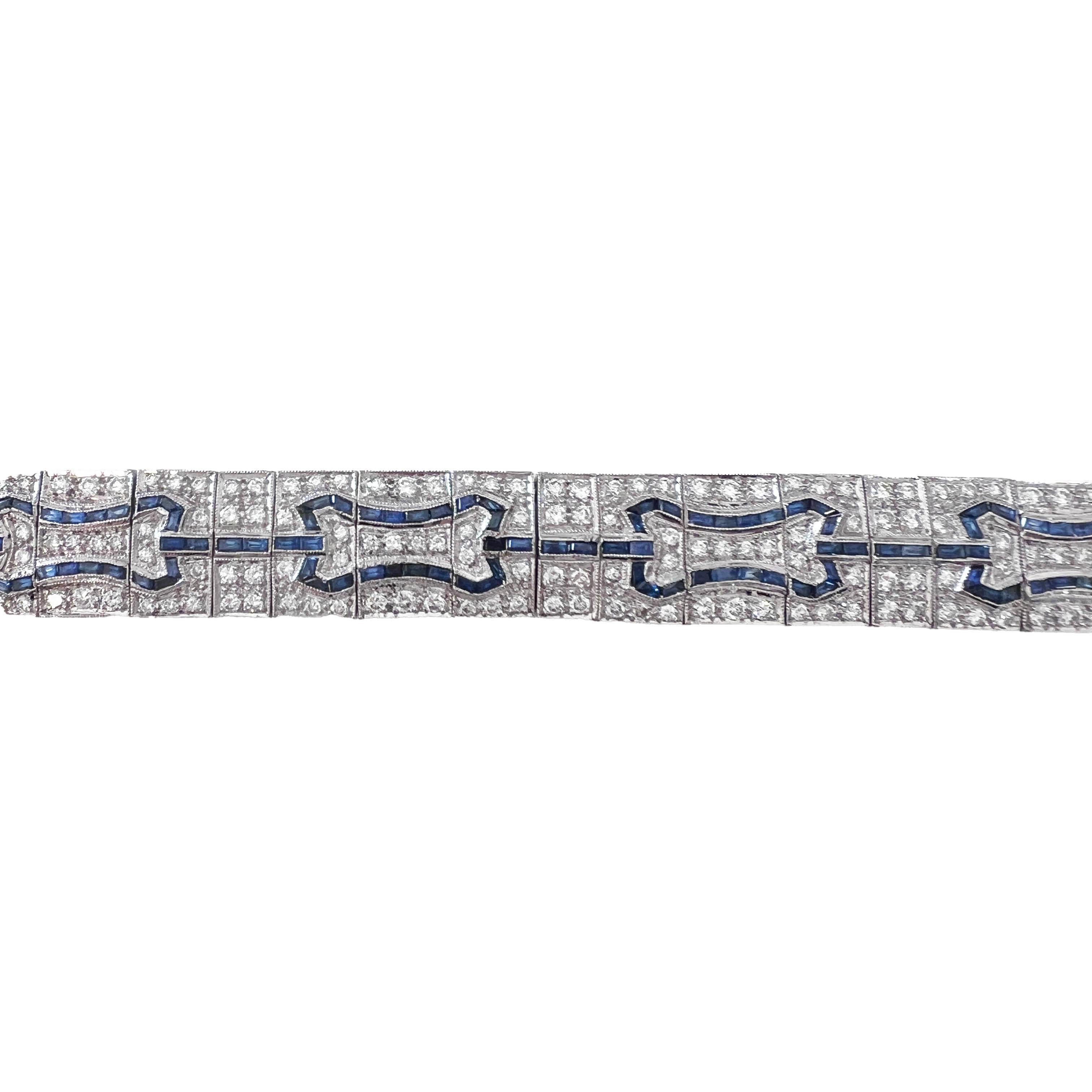 Art Deco-Inspired Diamond and Sapphire Link Tennis Bracelet In Excellent Condition For Sale In Beverly Hills, CA