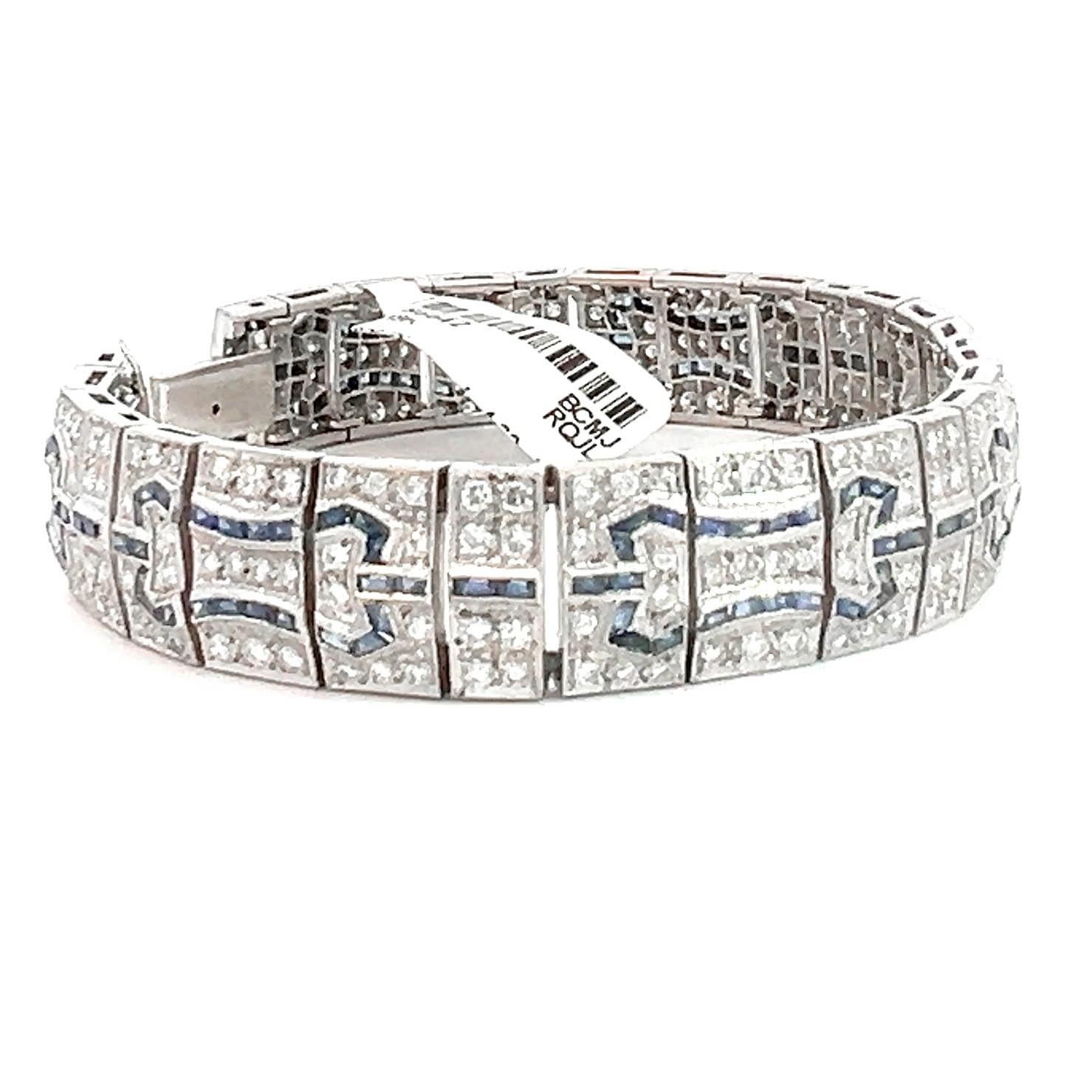 Art Deco-Inspired Diamond and Sapphire Link Tennis Bracelet For Sale 3
