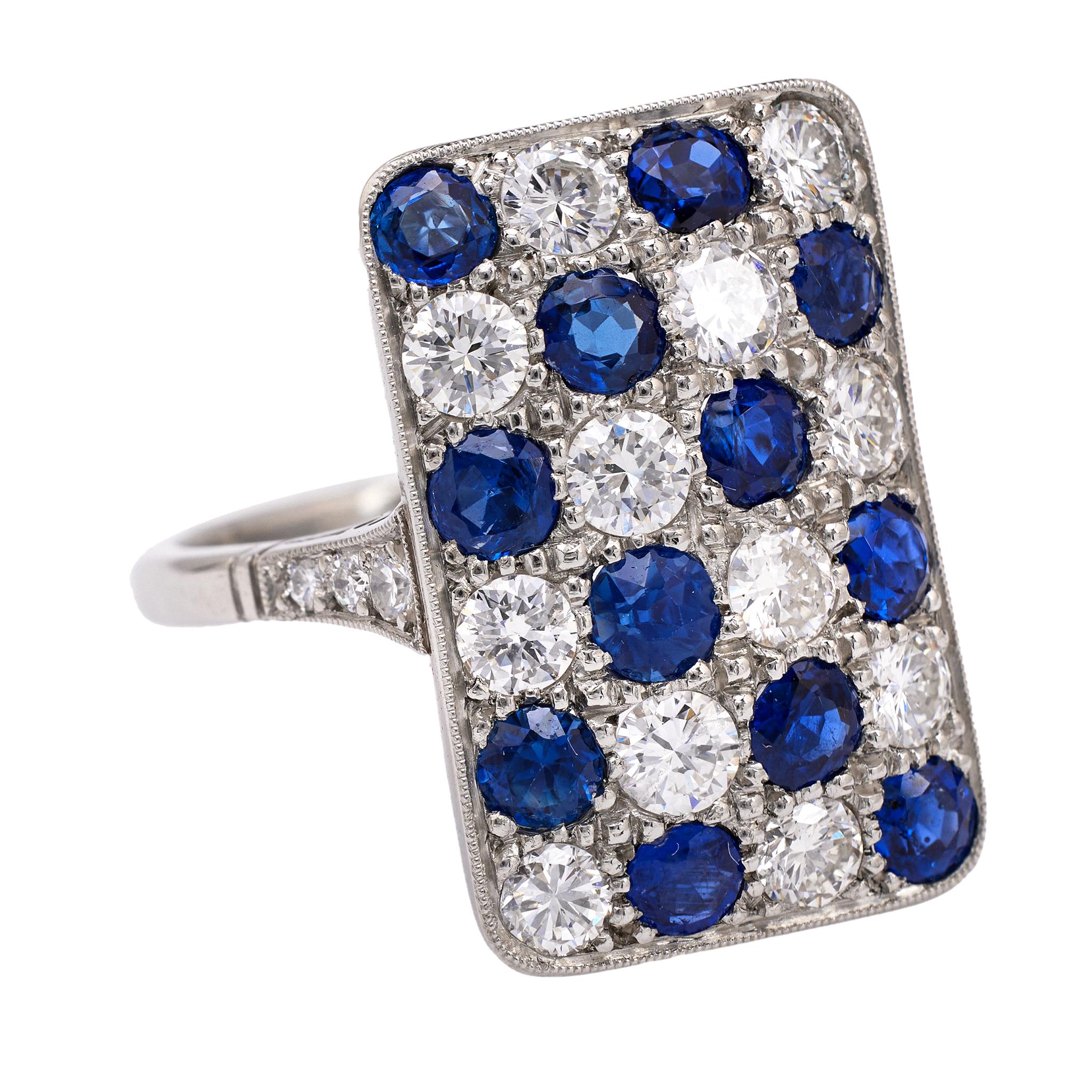 Women's or Men's Art Deco Inspired Diamond and Sapphire Platinum Ring For Sale