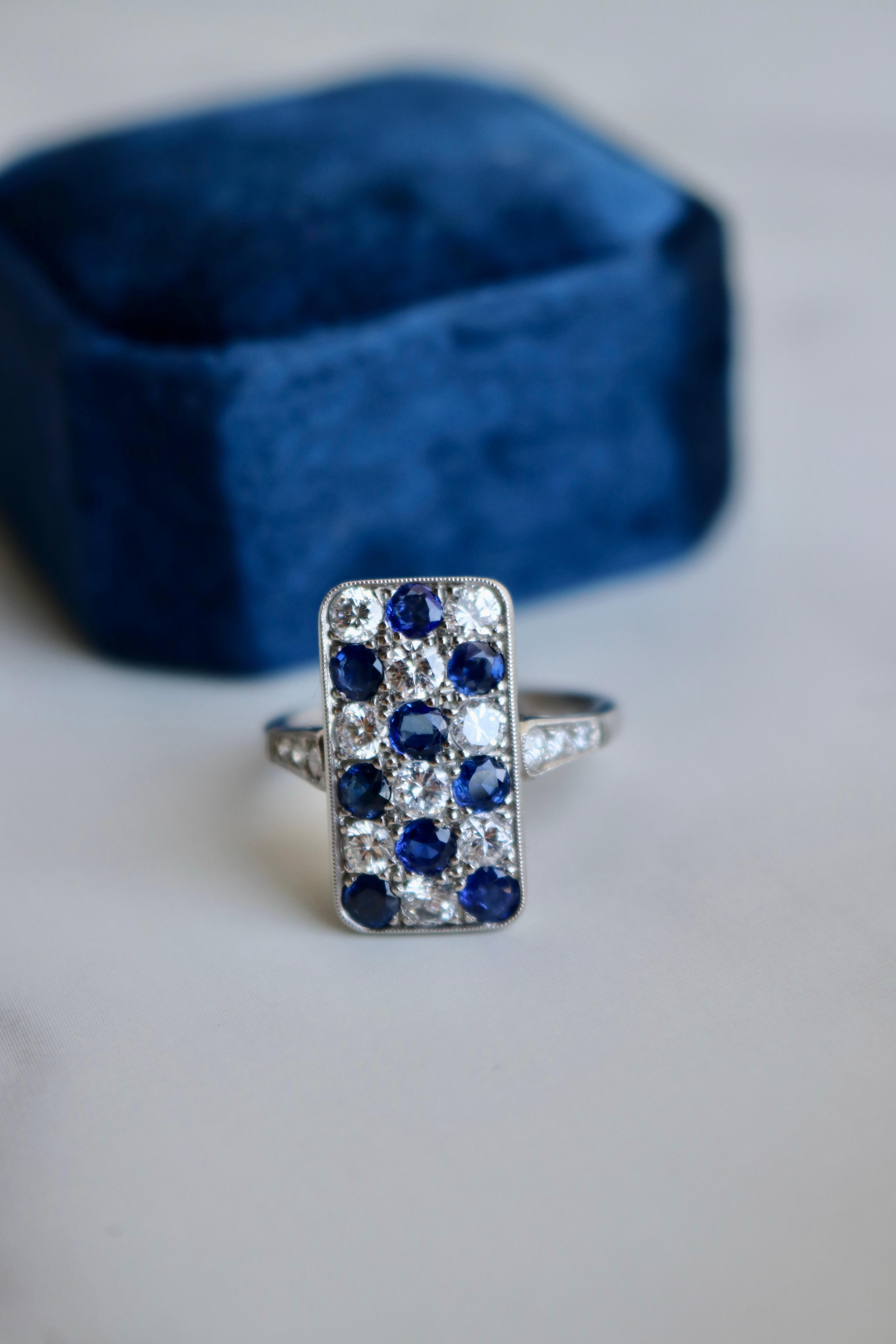 Art Deco Inspired Diamond and Sapphire Platinum Ring For Sale 1
