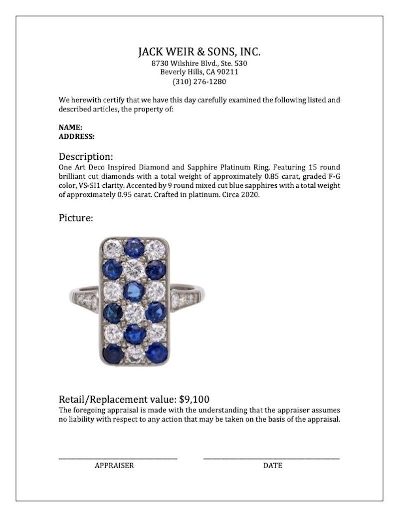 Art Deco Inspired Diamond and Sapphire Platinum Ring For Sale 2