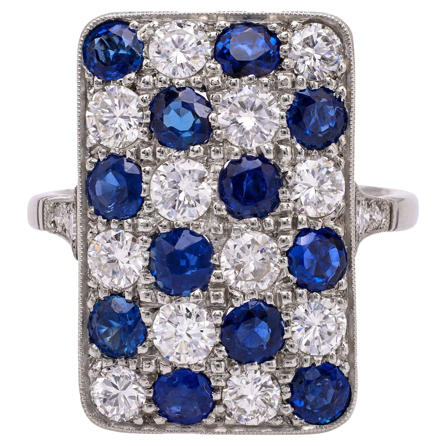 Art Deco Inspired Diamond and Sapphire Platinum Ring For Sale