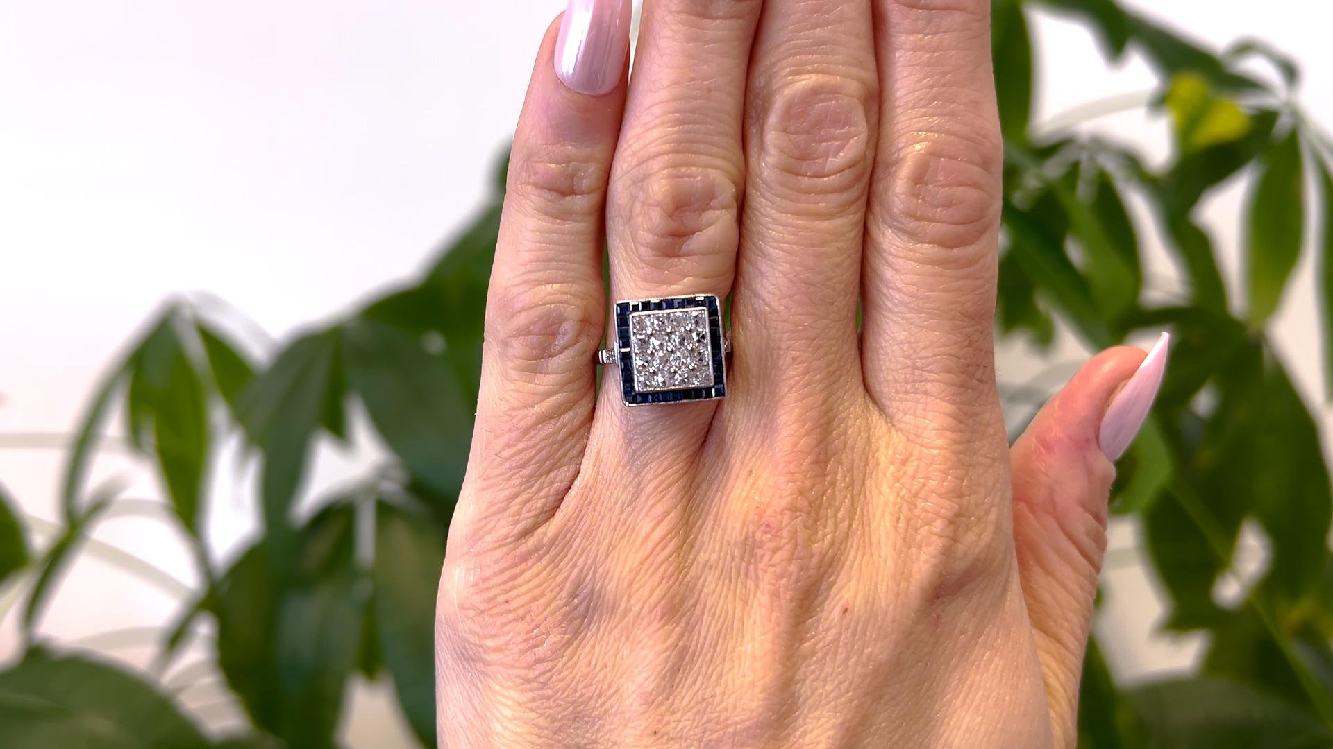 Old Mine Cut Art Deco Inspired Diamond and Sapphire Platinum Square Ring For Sale