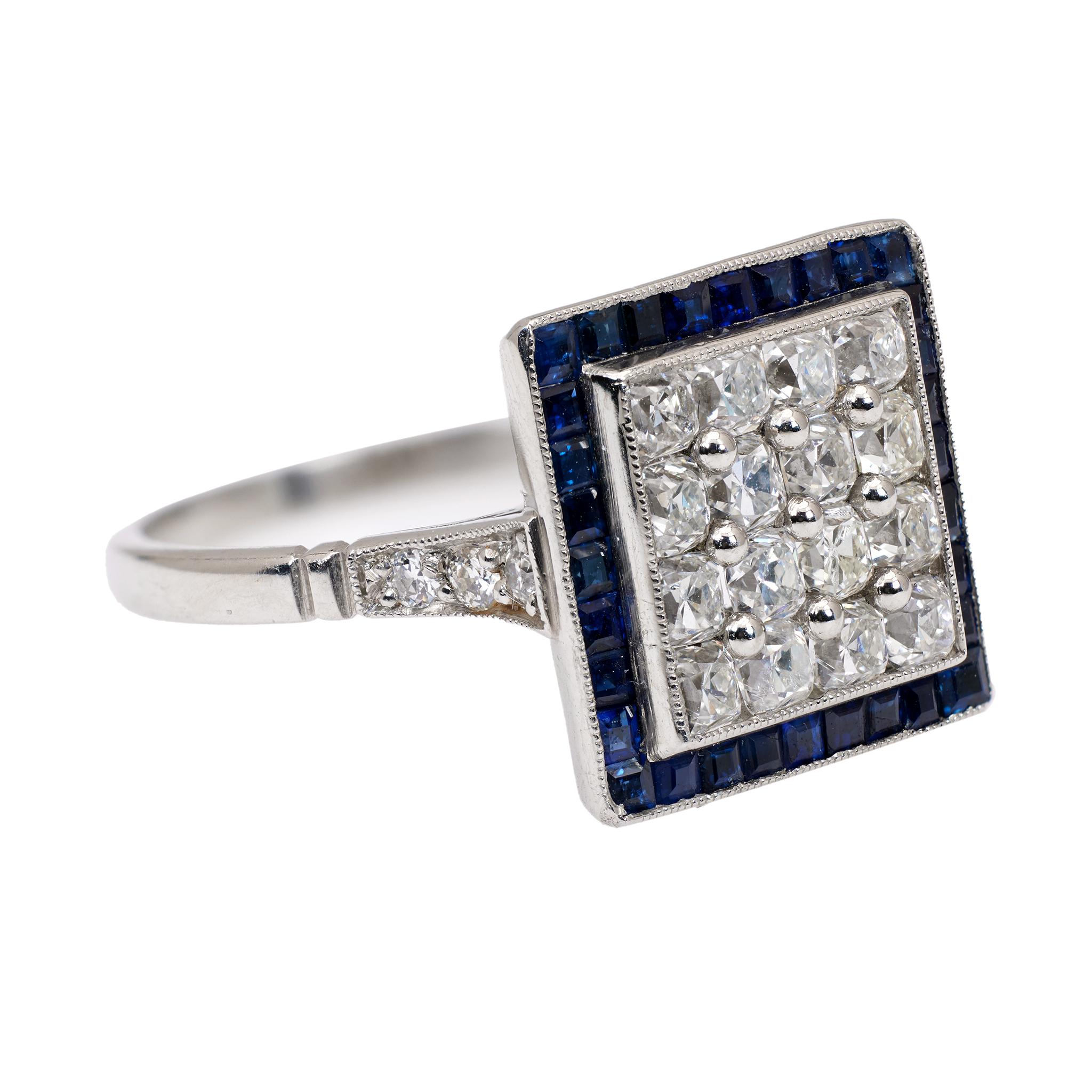 Women's or Men's Art Deco Inspired Diamond and Sapphire Platinum Square Ring For Sale