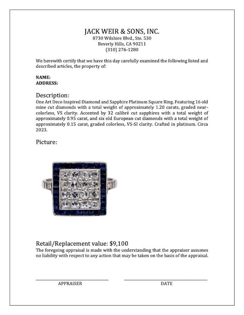 Art Deco Inspired Diamond and Sapphire Platinum Square Ring For Sale 2