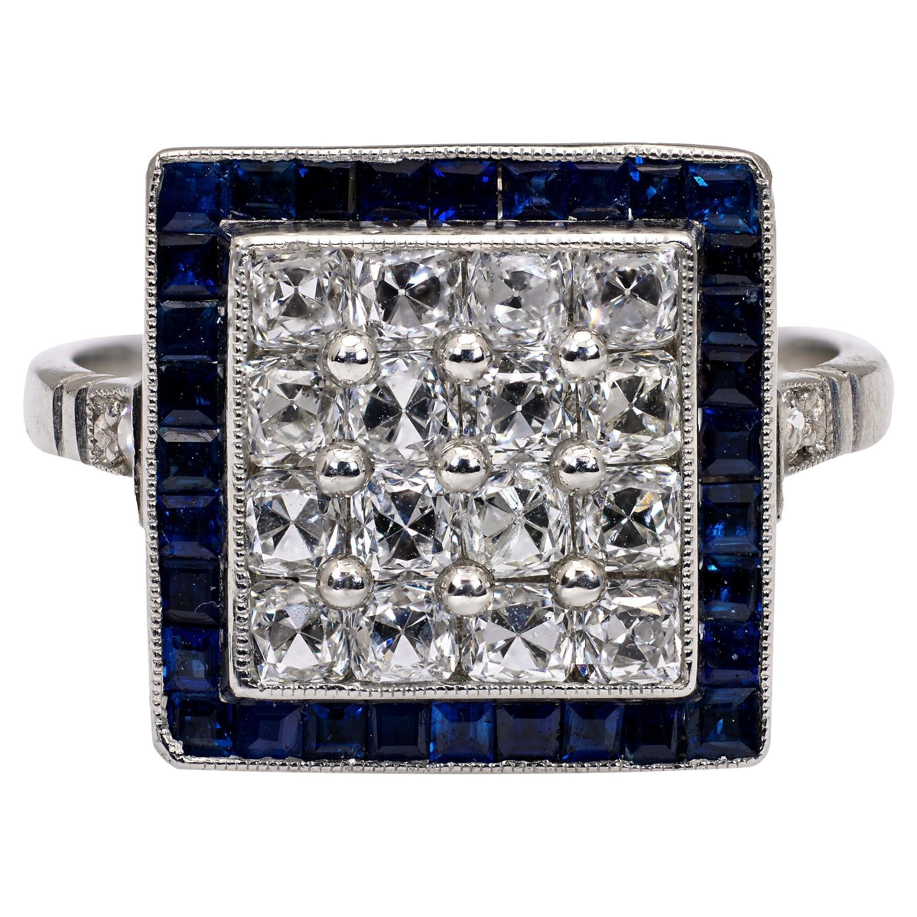 Art Deco Inspired Diamond and Sapphire Platinum Square Ring For Sale
