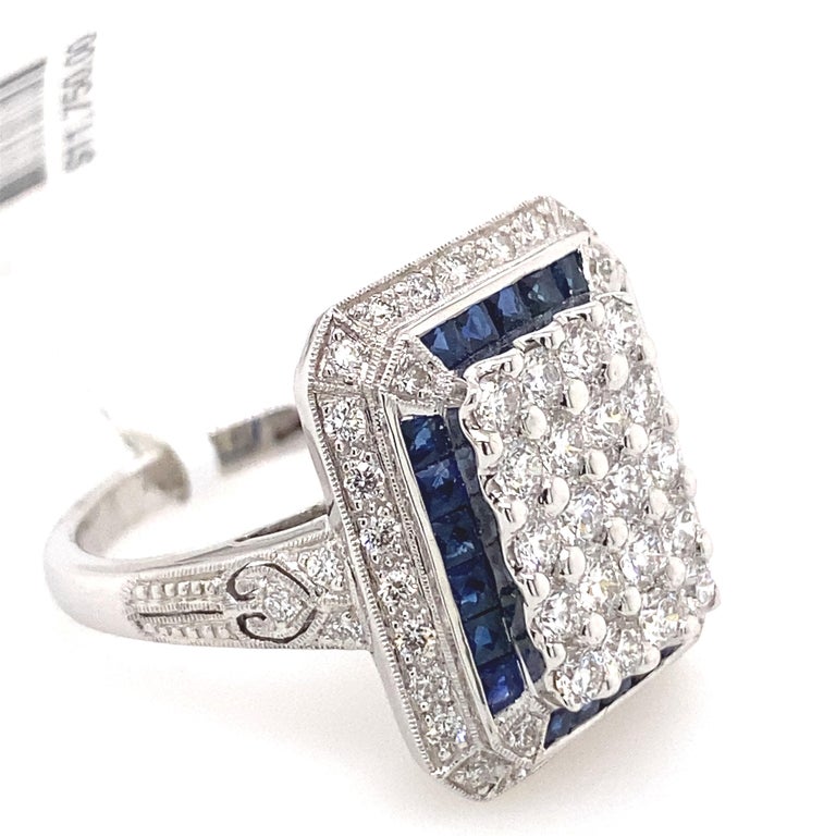 Art Deco Inspired Diamond and Sapphire Ring 18 Karat White Gold For ...