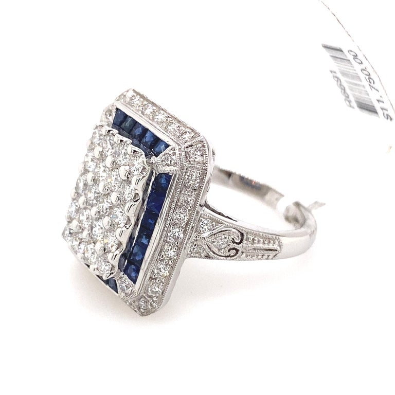Art Deco Inspired Diamond and Sapphire Ring 18 Karat White Gold For ...