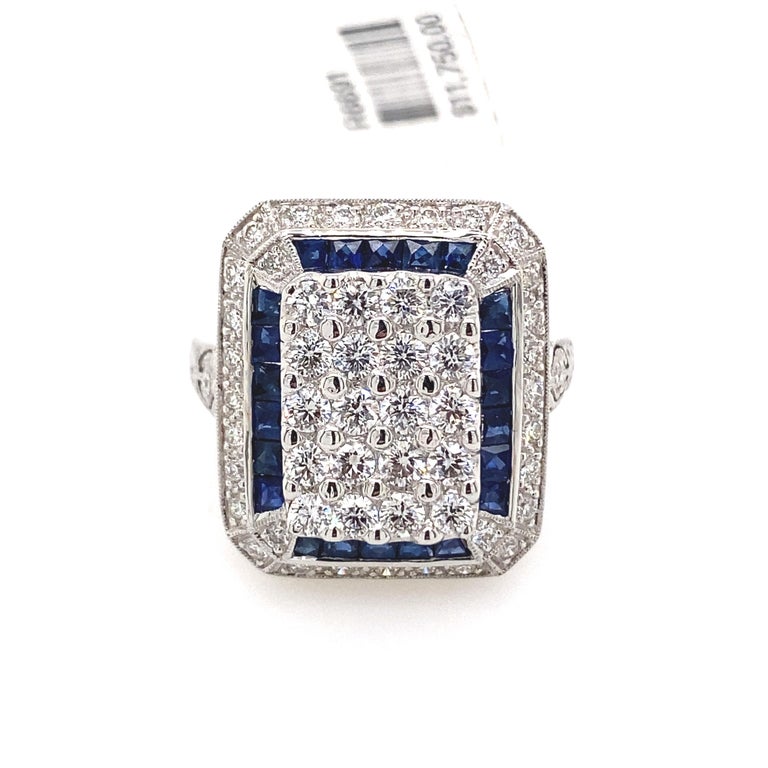 Art Deco Inspired Diamond and Sapphire Ring 18 Karat White Gold For ...