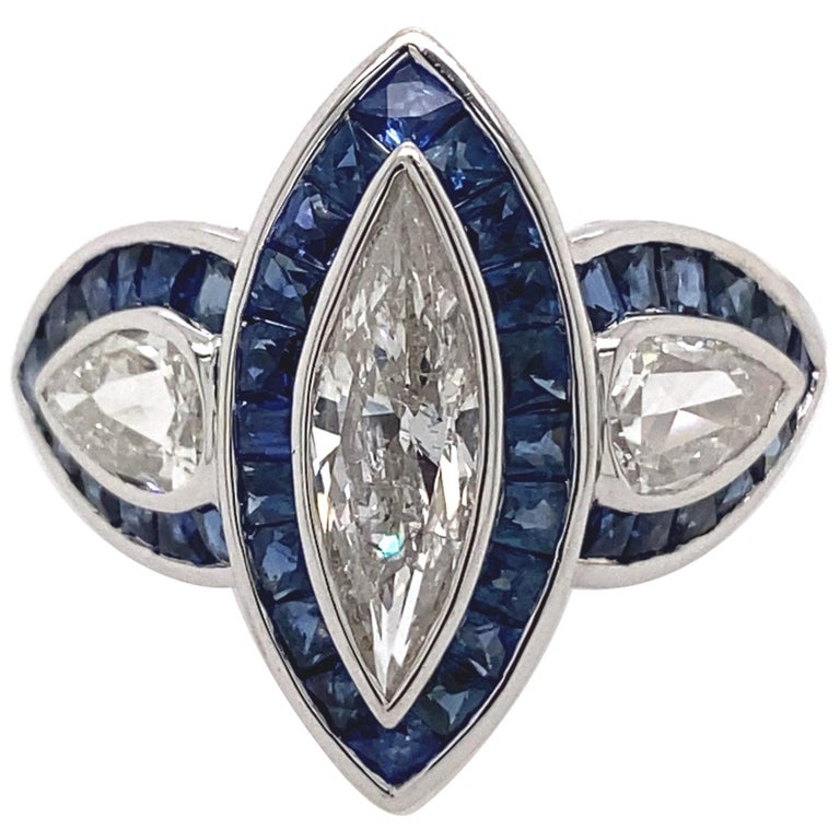 Art Deco Inspired Diamond and Sapphire Ring 18 Karat White Gold at 1stDibs