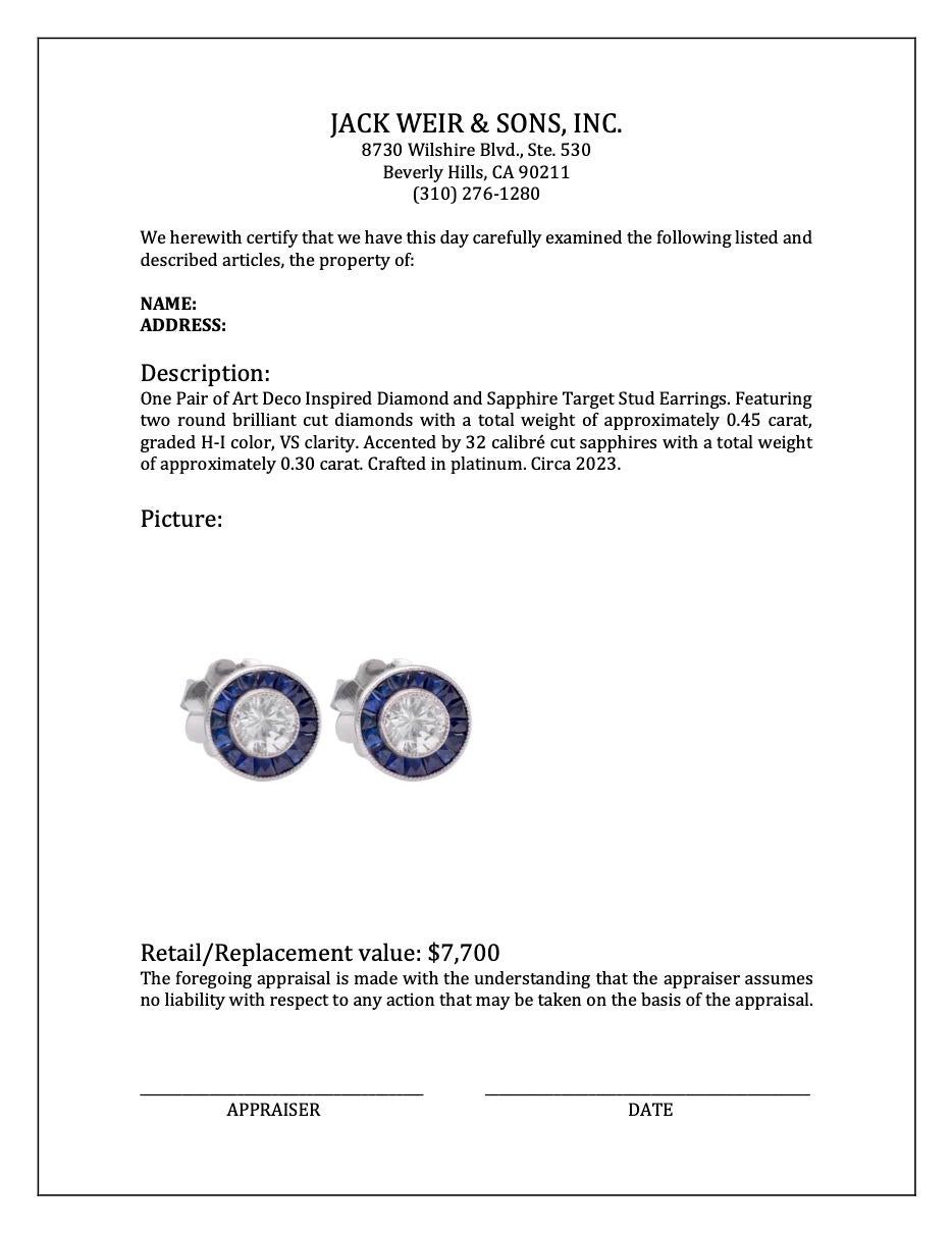 Art Deco Inspired Diamond and Sapphire Target Stud Earrings For Sale 1