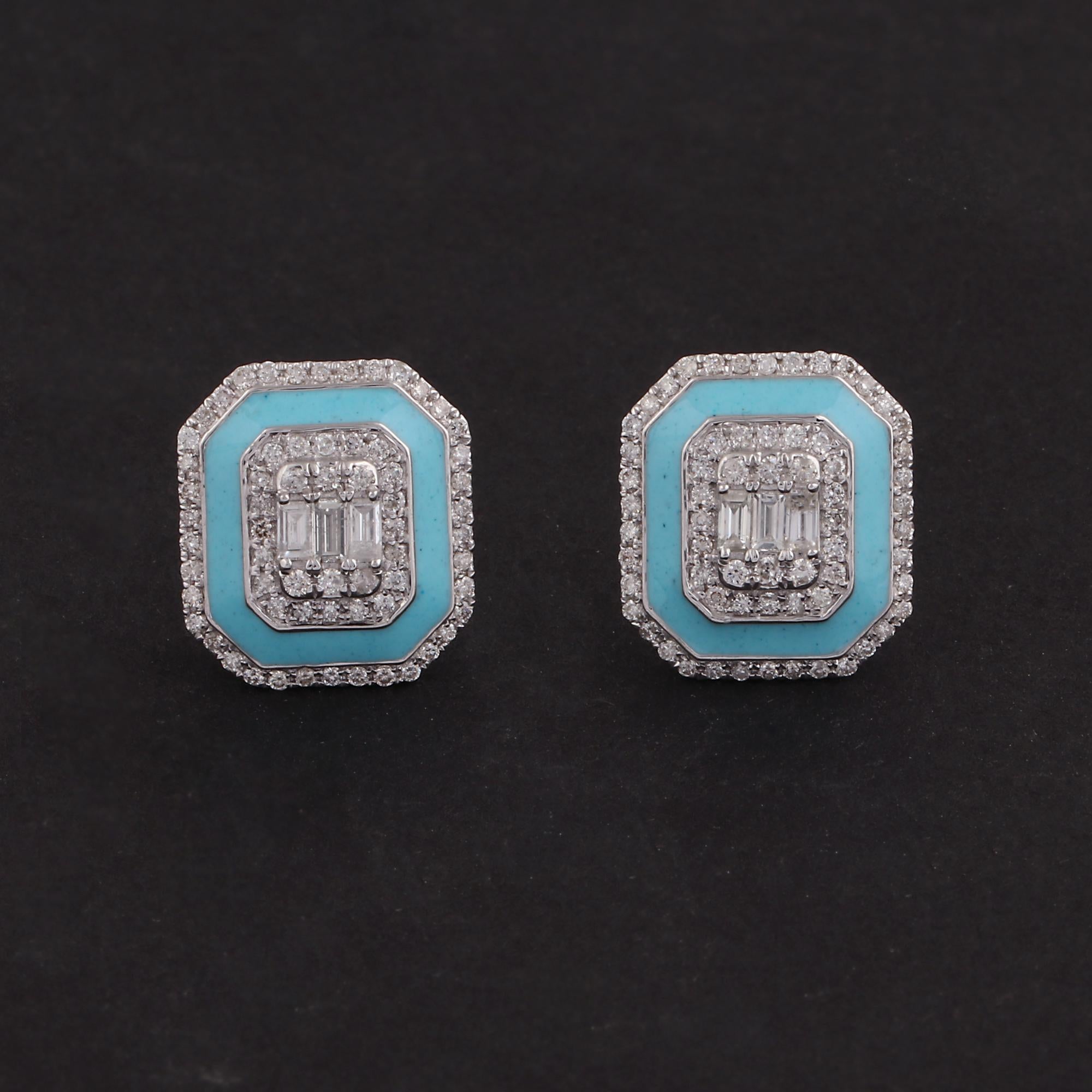 Taglio misto Orecchini a perno con diamante e smalto blu di ispirazione Art Deco in oro bianco massiccio 18 carati in vendita