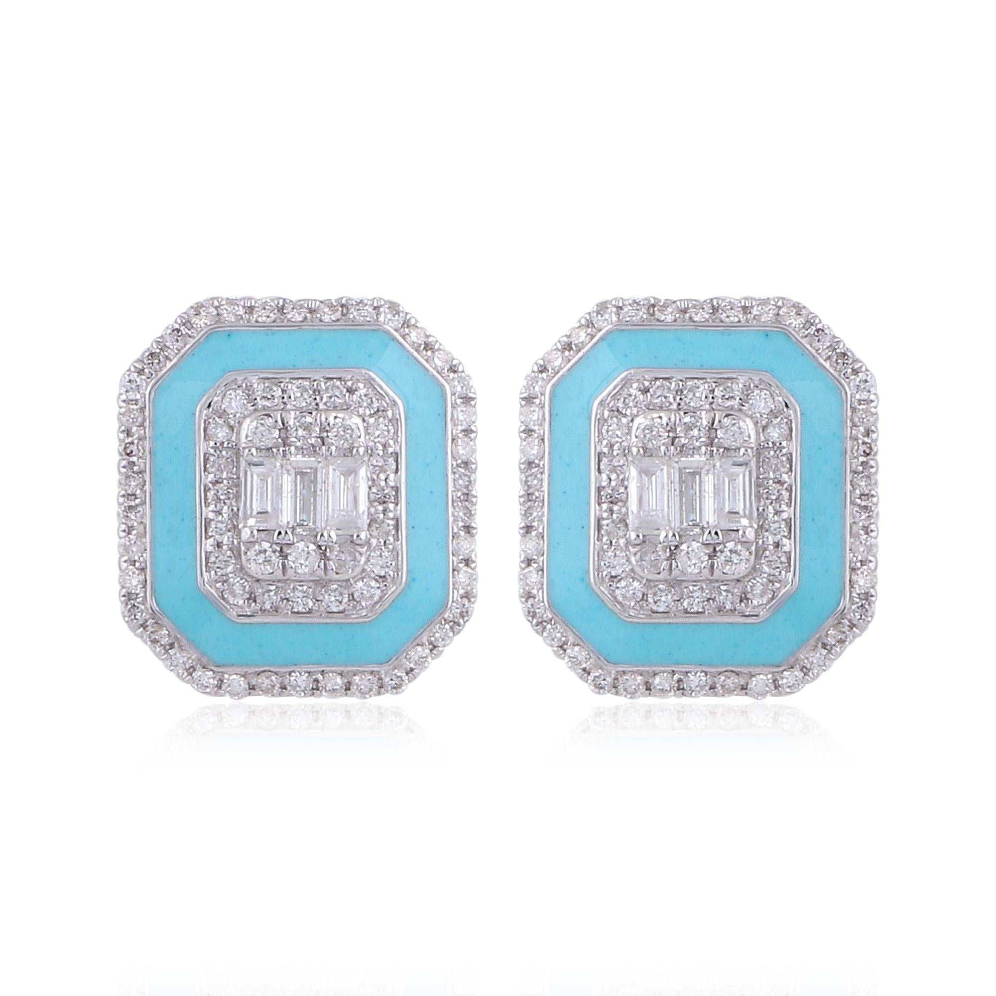 Orecchini a perno con diamante e smalto blu di ispirazione Art Deco in oro bianco massiccio 18 carati In condizioni Nuovo in vendita a Diera, Dubai