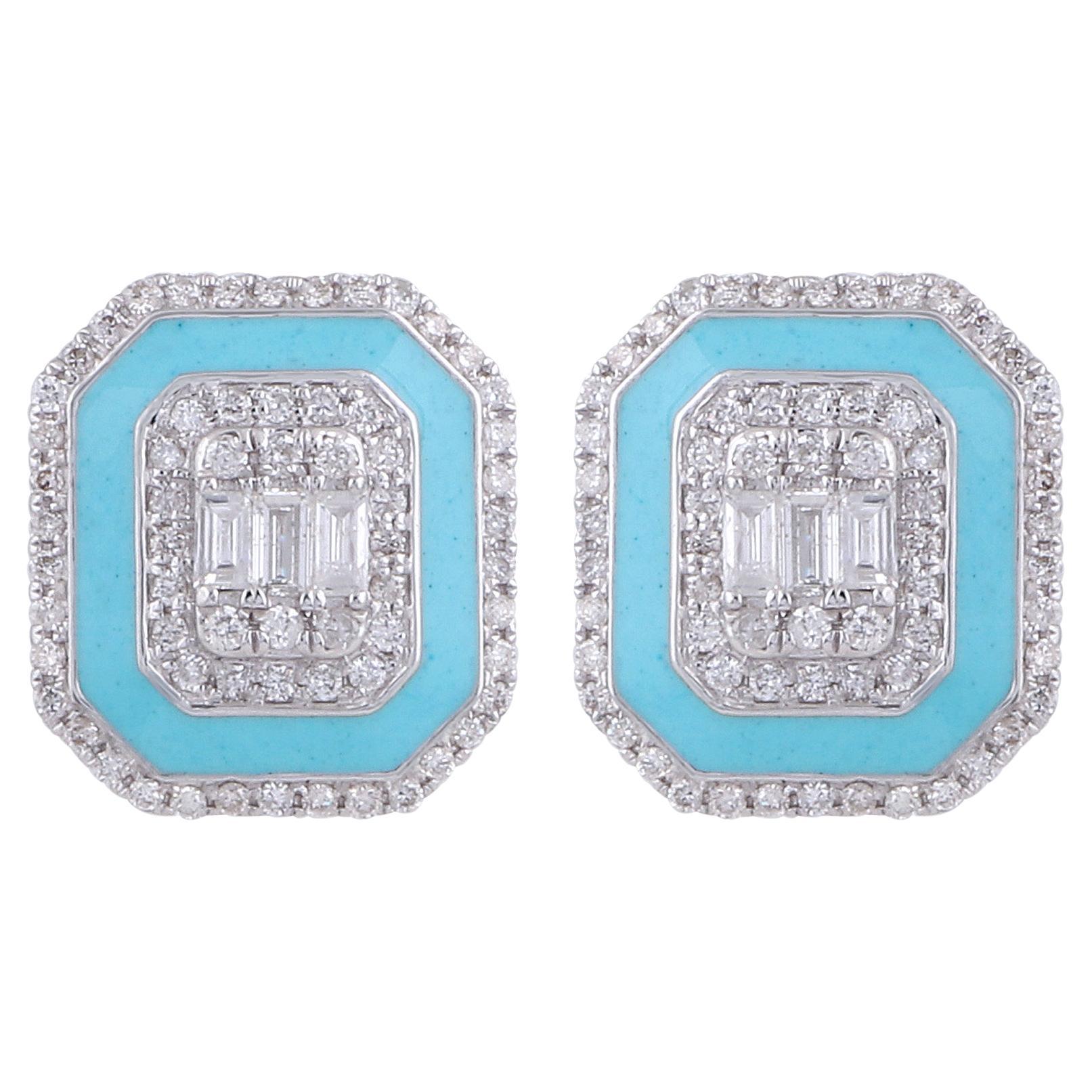Orecchini a perno con diamante e smalto blu di ispirazione Art Deco in oro bianco massiccio 18 carati in vendita