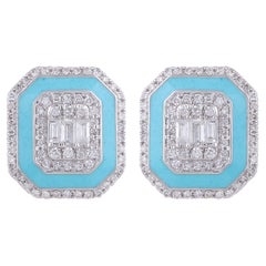 Orecchini a perno con diamante e smalto blu di ispirazione Art Deco in oro bianco massiccio 18 carati