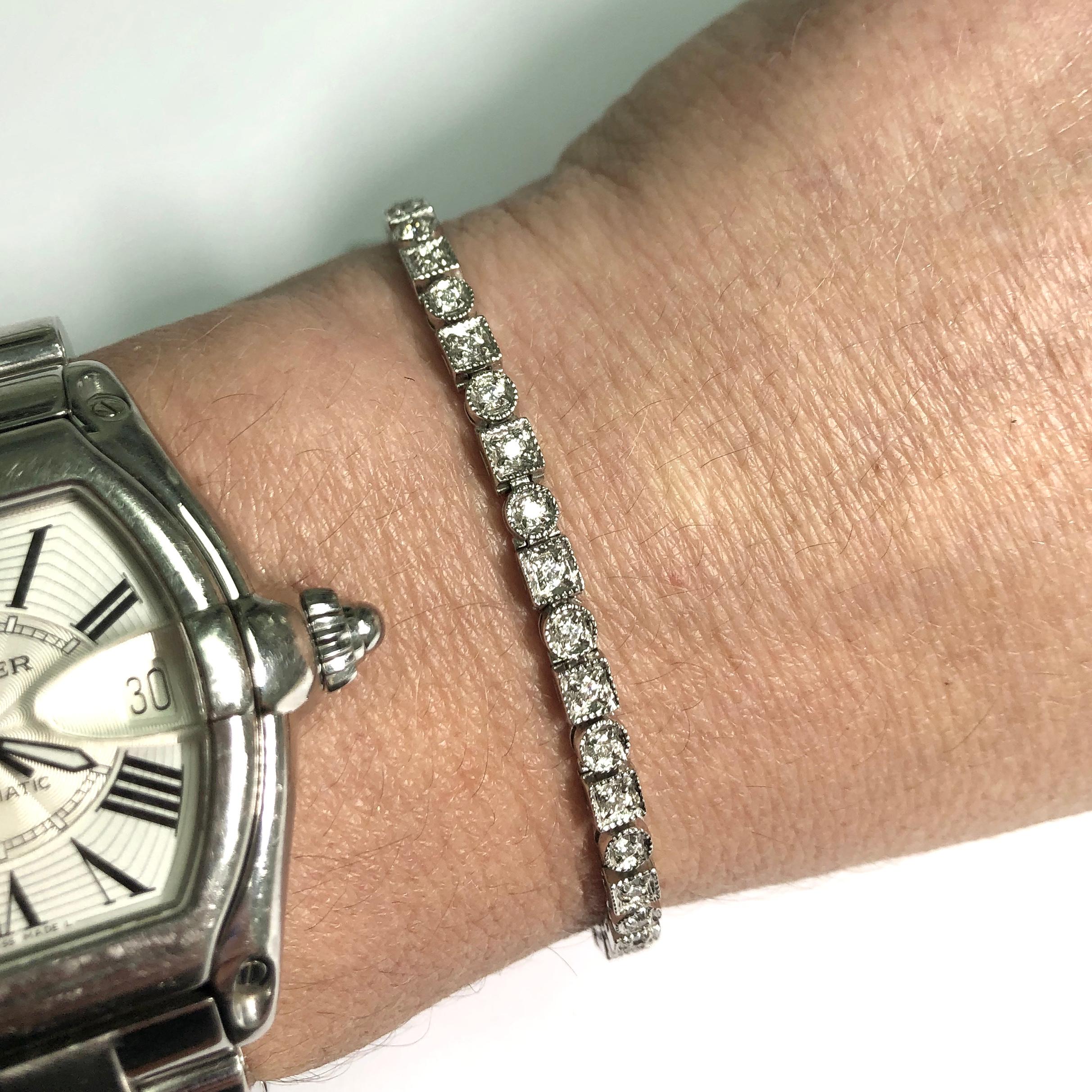 Round Cut Conflict Free Diamond Art Deco Inspired Bracelet 1.32 Carat in 14 Karat White