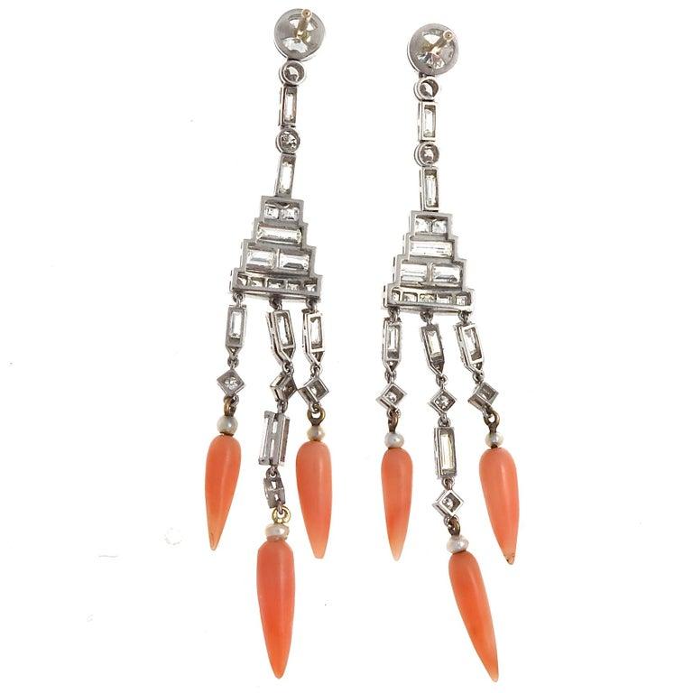 Art Deco Inspired Diamond Coral Earrings In New Condition In Beverly Hills, CA