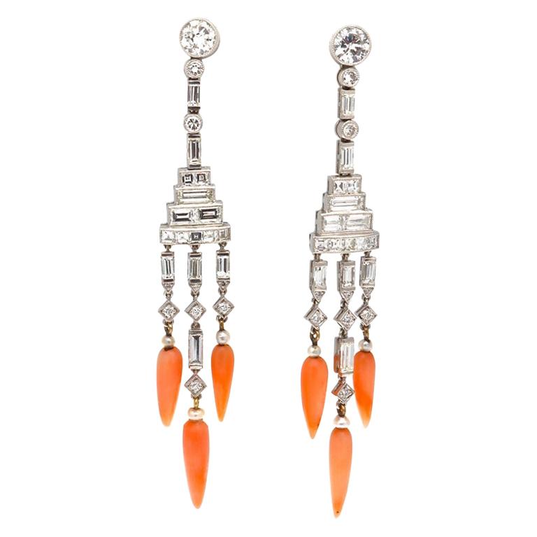 Art Deco Inspired Diamond Coral Earrings