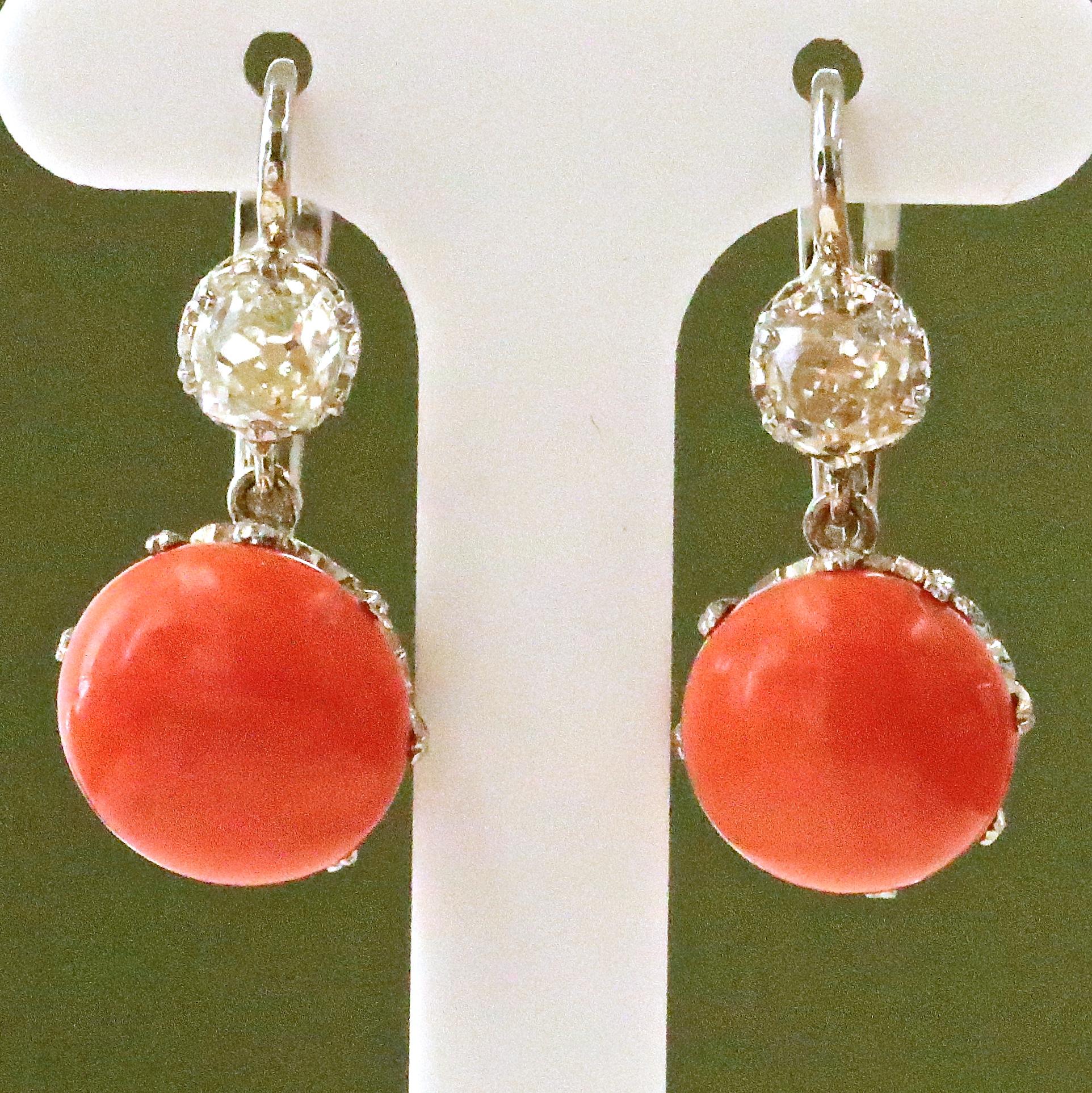 Art Deco Inspired Diamond Coral Platinum Dangle Earrings In New Condition In Beverly Hills, CA