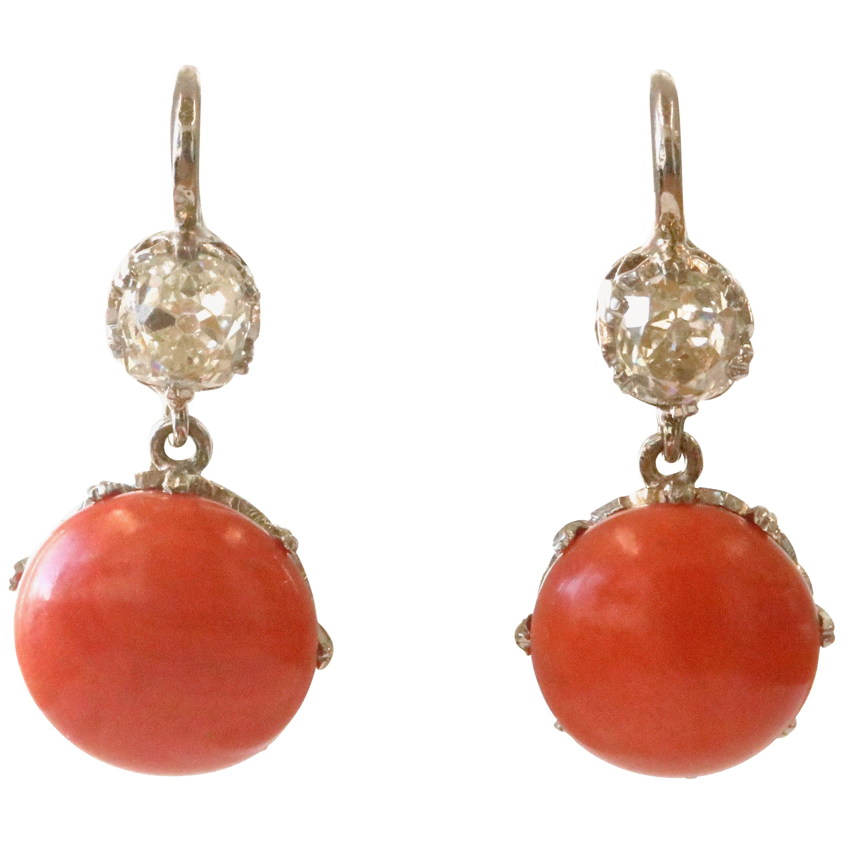 Art Deco Inspired Diamond Coral Platinum Dangle Earrings