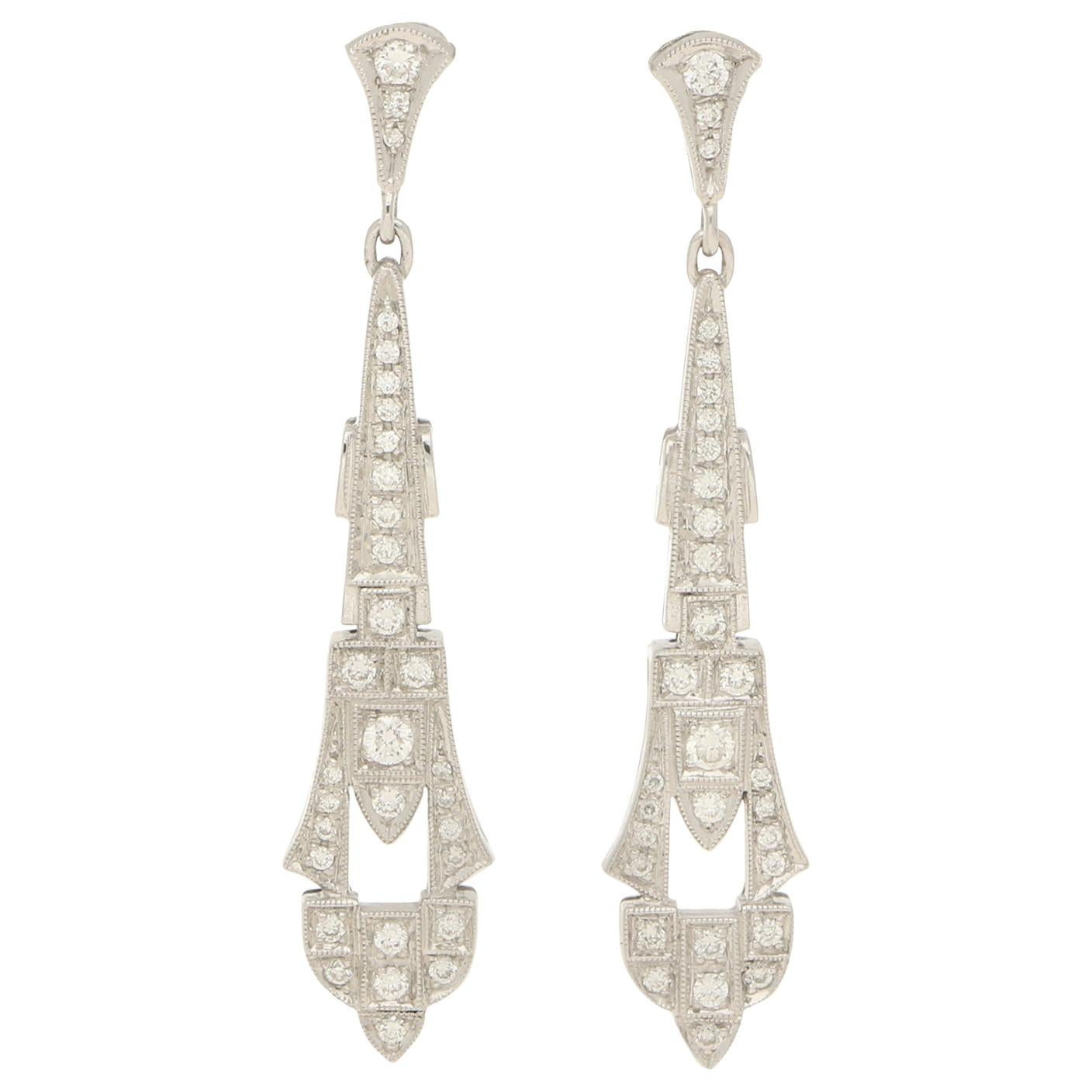 Art Deco Inspired Diamond Drop Earrings in 18 Karat White Gold